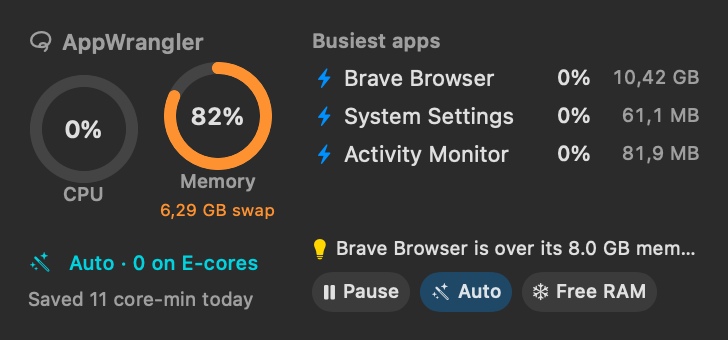 Medium widget with Pause, Auto and Free memory buttons