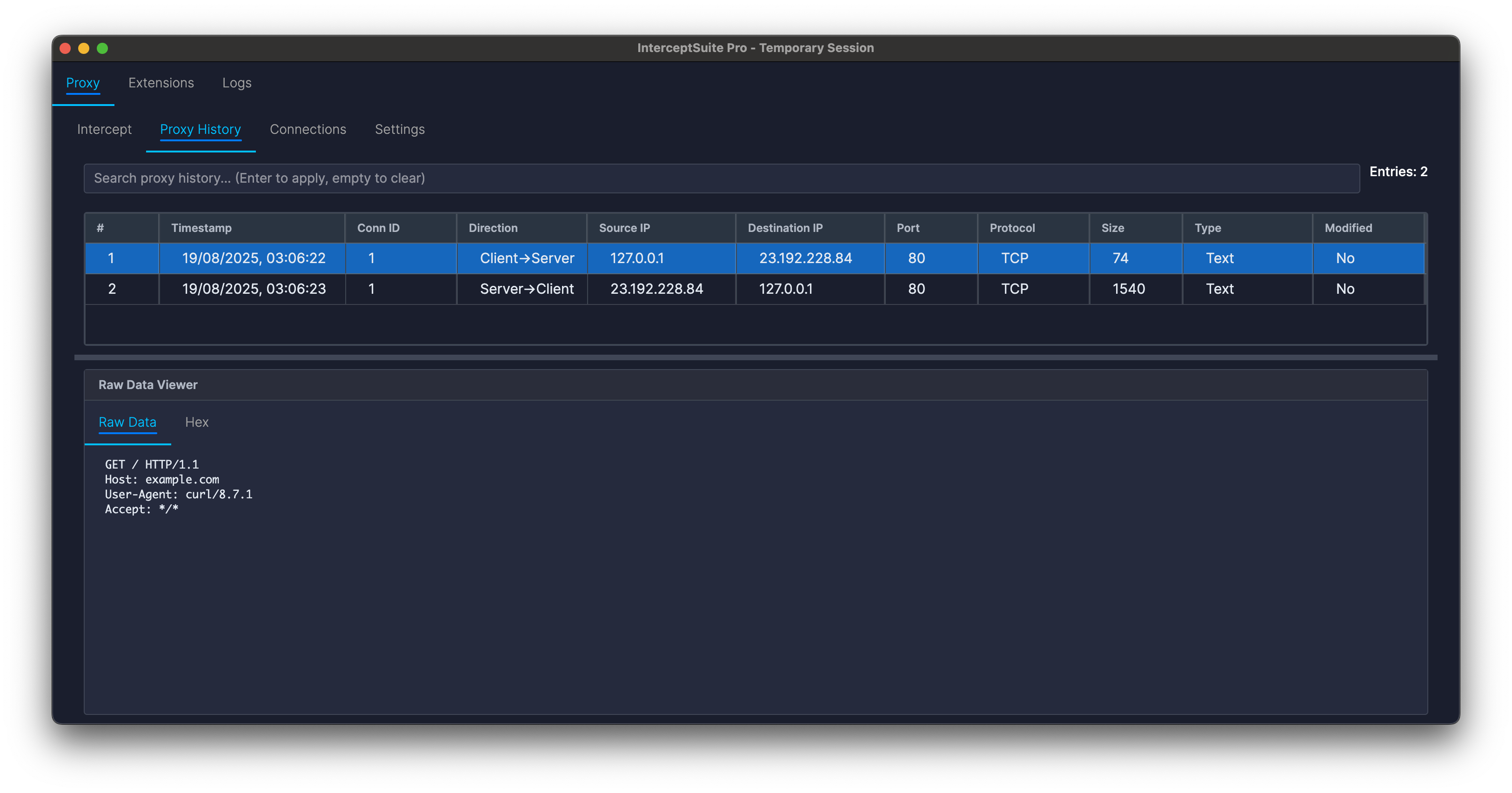 Proxy History Tab
