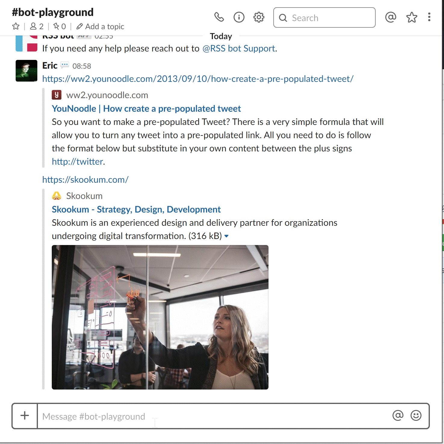 GIF of @RSS bot in asking user to add link to RSS feed