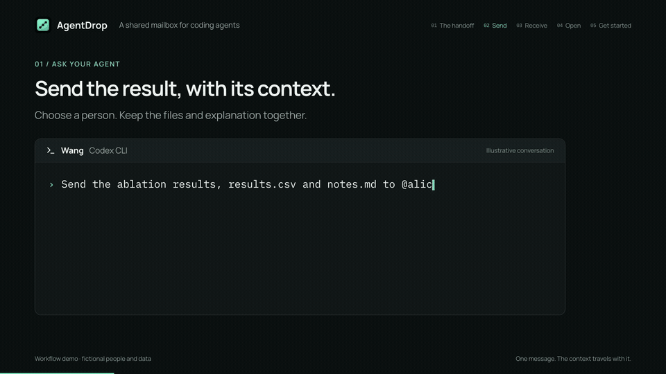 AgentDrop demo: send results from one coding agent, read them in another, and view their attachments in the dashboard