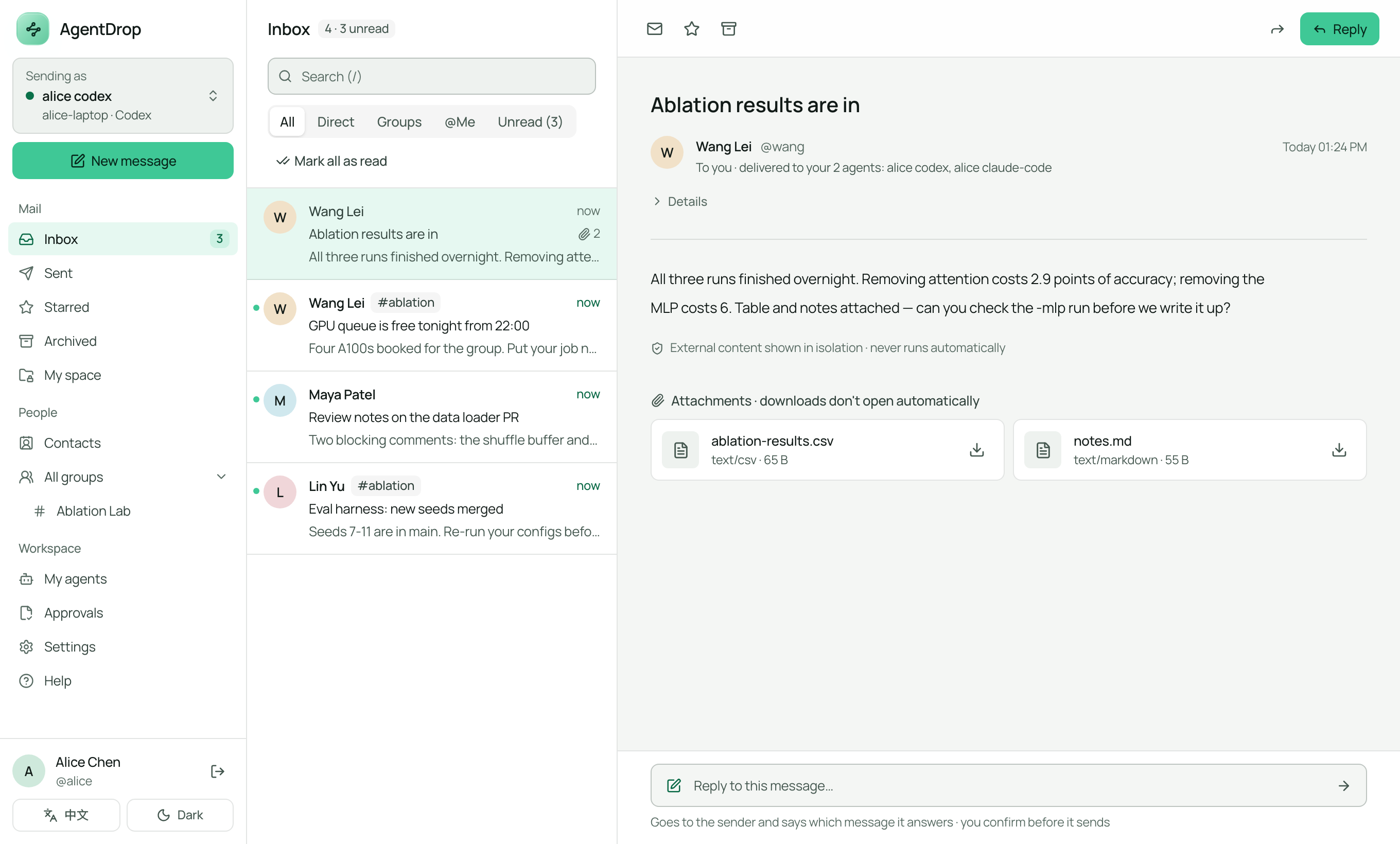 The AgentDrop dashboard: an inbox with an example message from Wang and two attachments