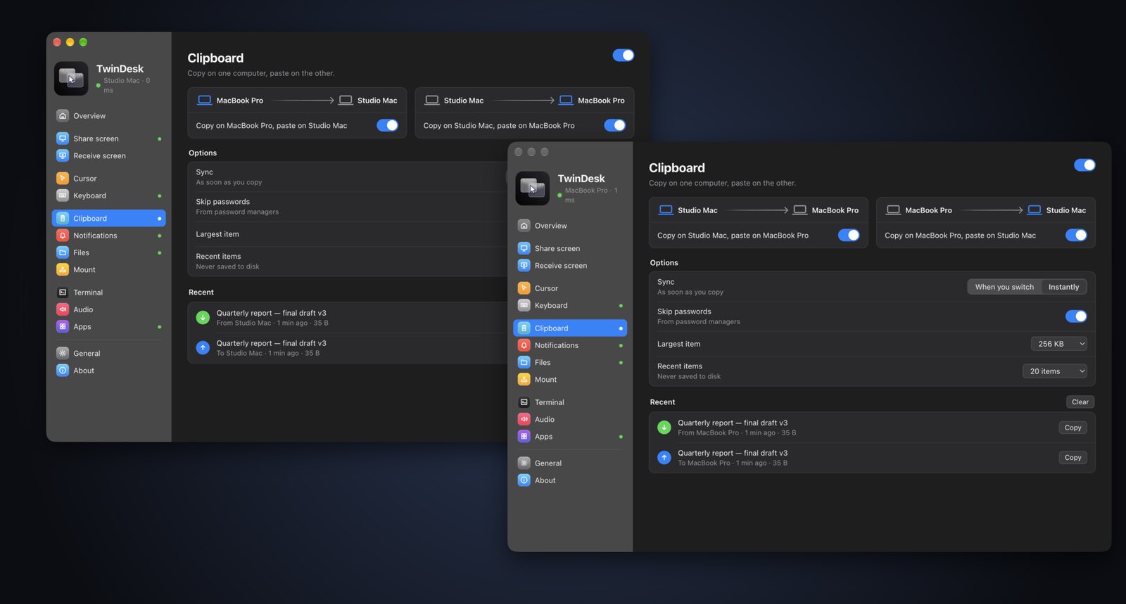 The same copied text in the clipboard history on both Macs