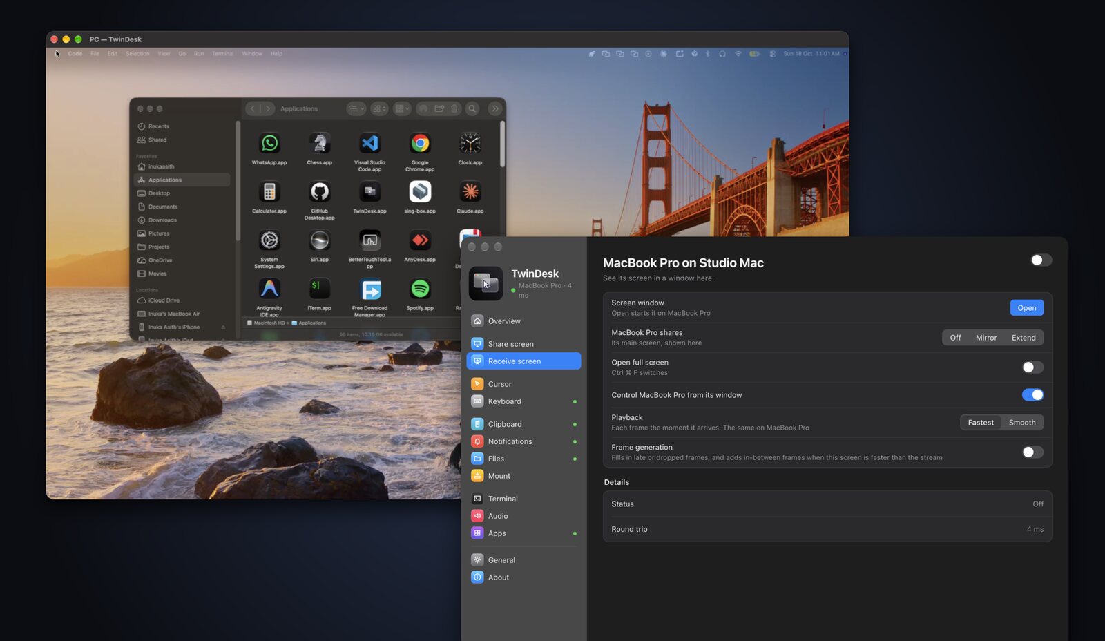 The MacBook Pro's extended screen in a window on the Studio Mac, with the Receive screen settings