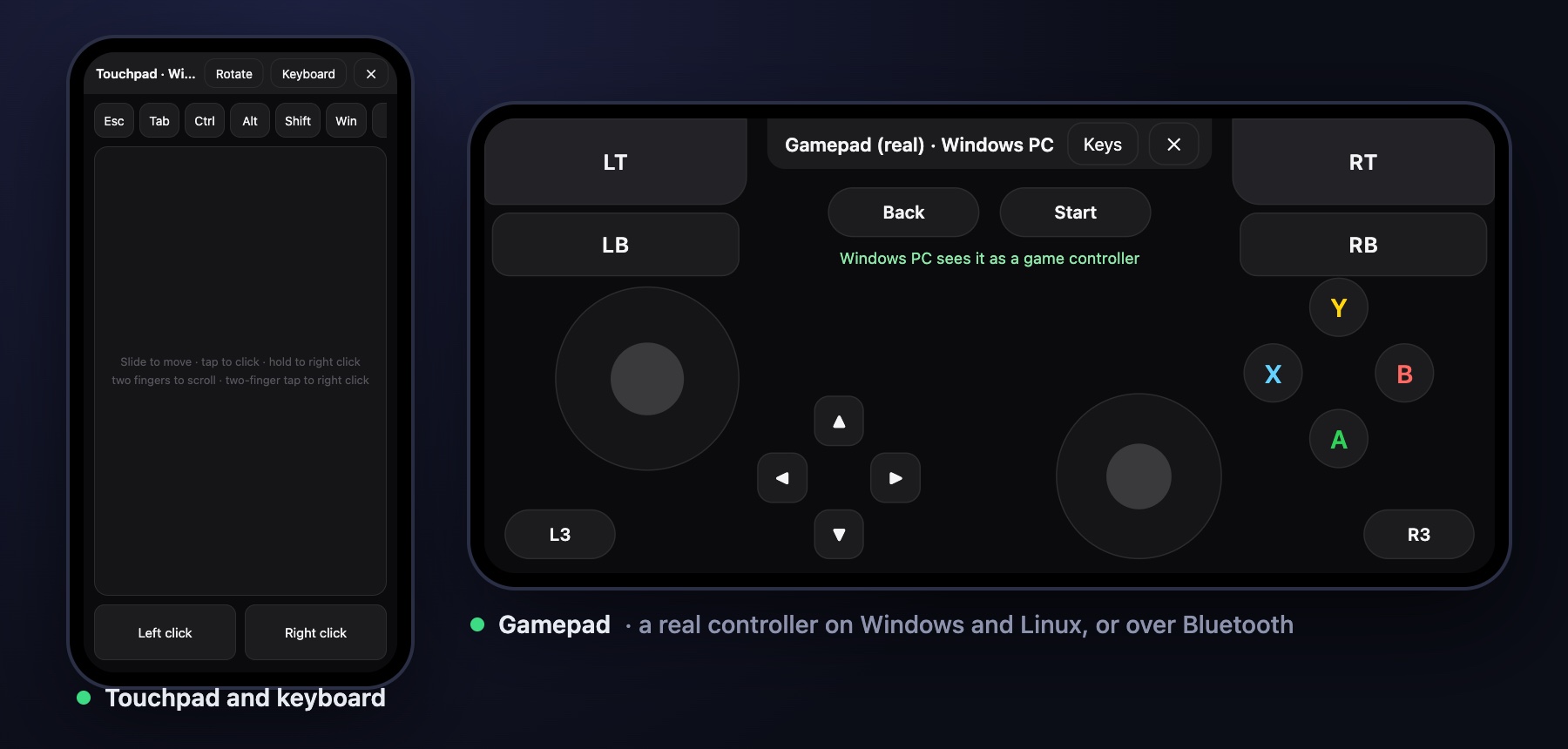 The phone's Remote: a touchpad with a row of keys, and the gamepad laid out like an Xbox controller