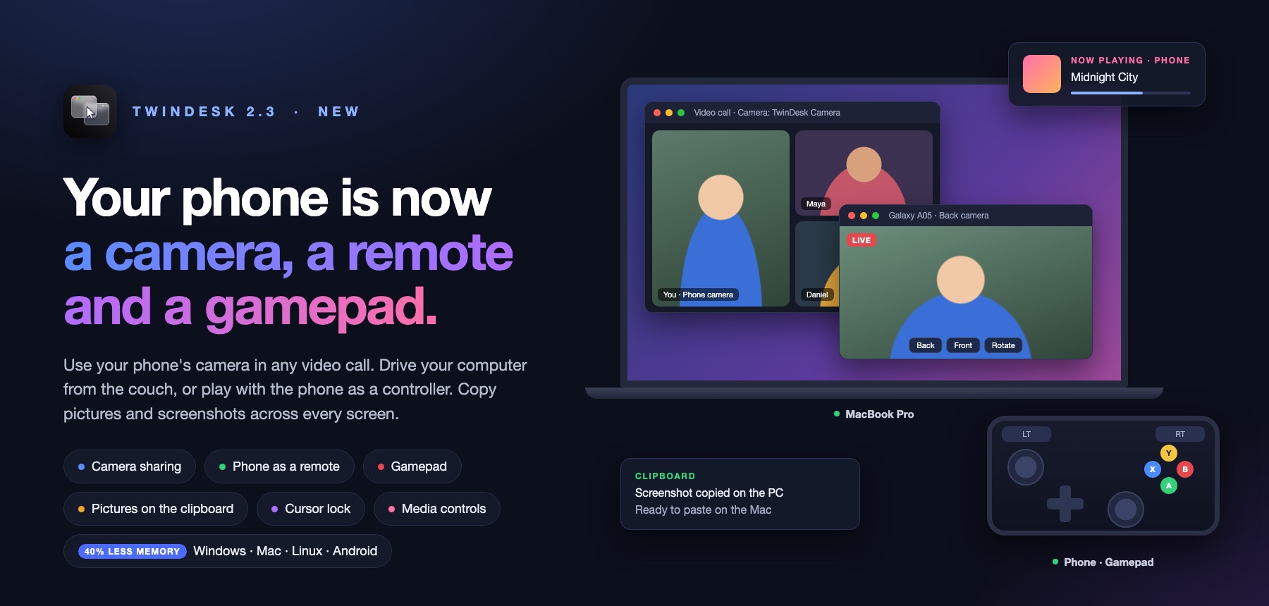 TwinDesk 2.3: your phone is now a camera, a remote and a gamepad