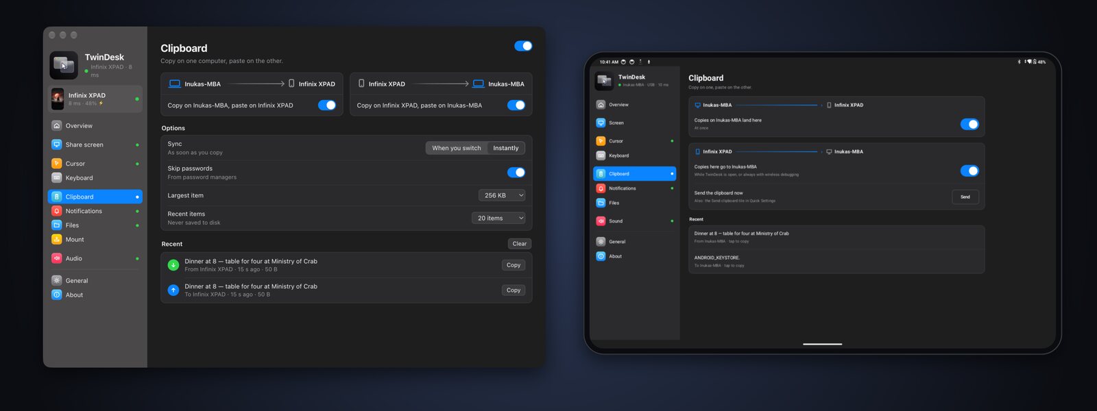 The same copied text in the clipboard history on the Mac and on the tablet