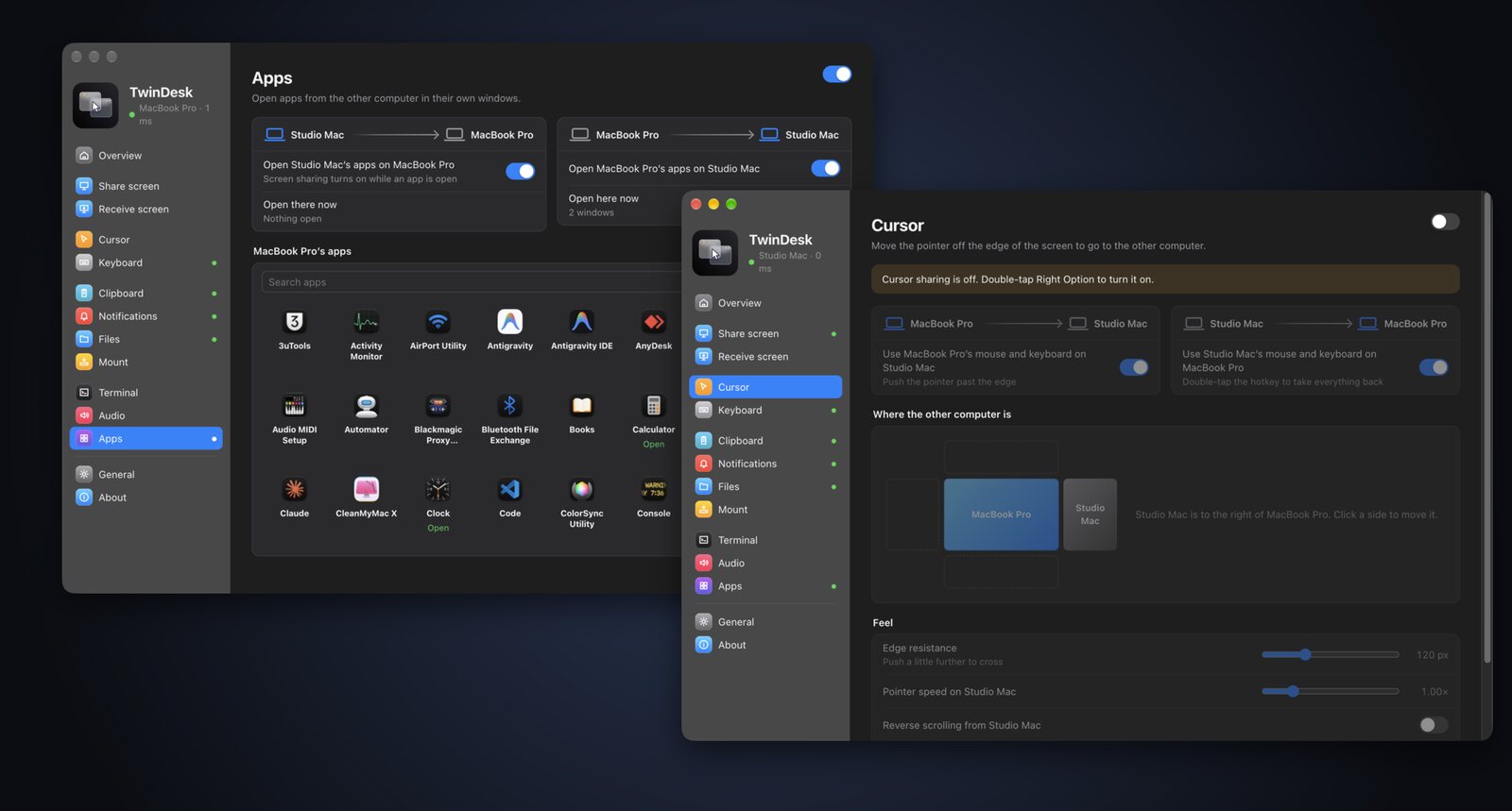 The other Mac's apps listed on the Apps page, and the Cursor page with the screen layout