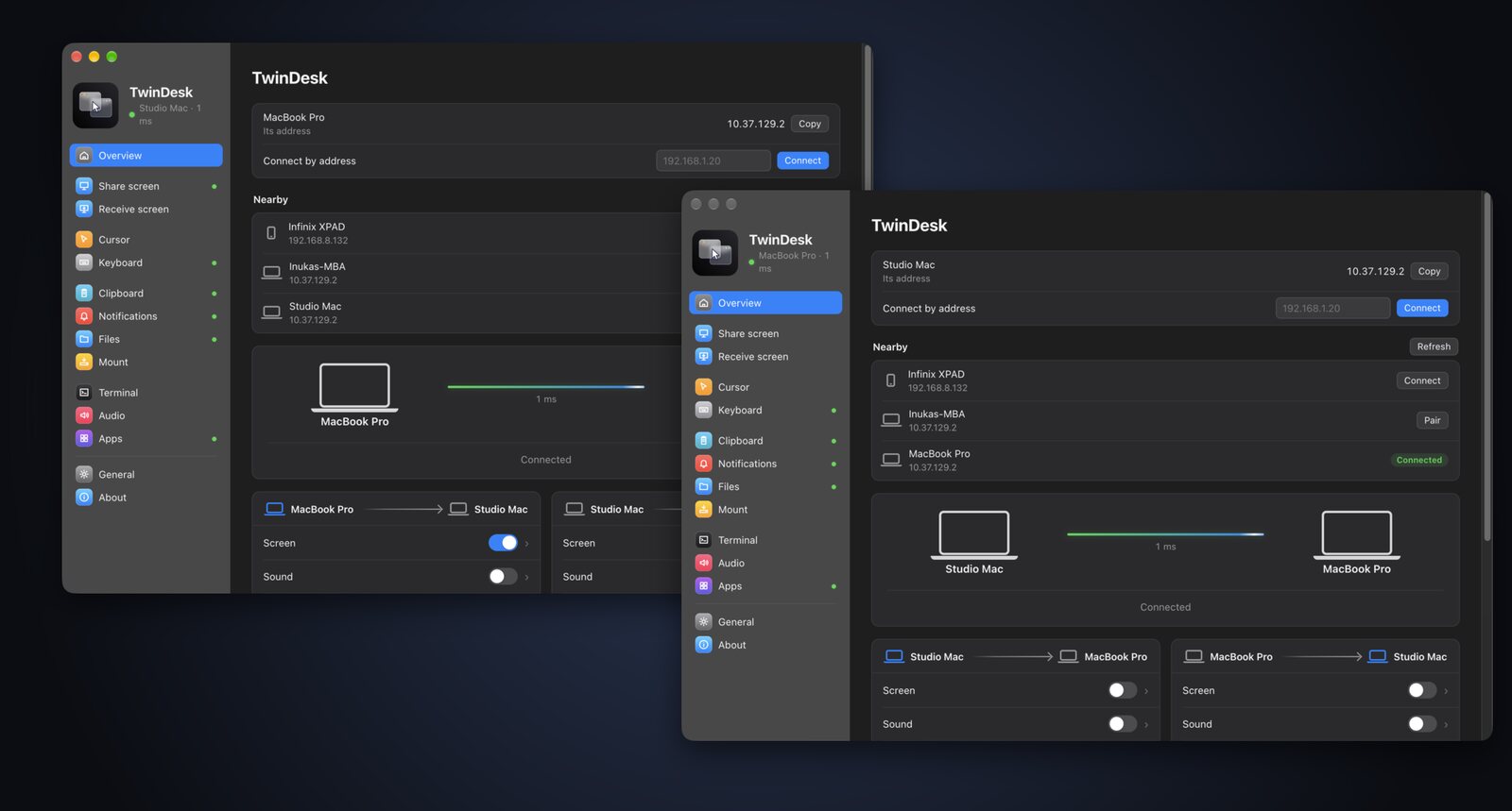 Overview on two paired Macs: the link, latency and what is shared in each direction