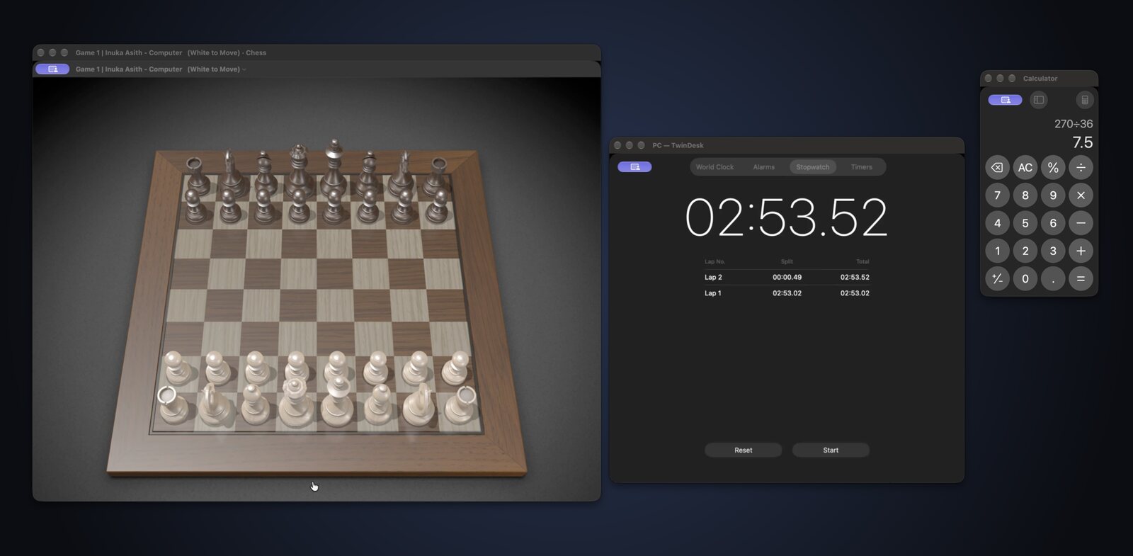 Chess, Clock and Calculator from one Mac running in their own windows on the other Mac