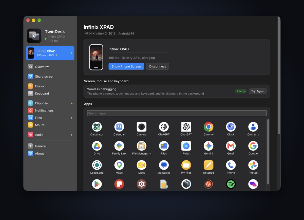 The Phone page on the Mac: the connected tablet and a grid of its apps