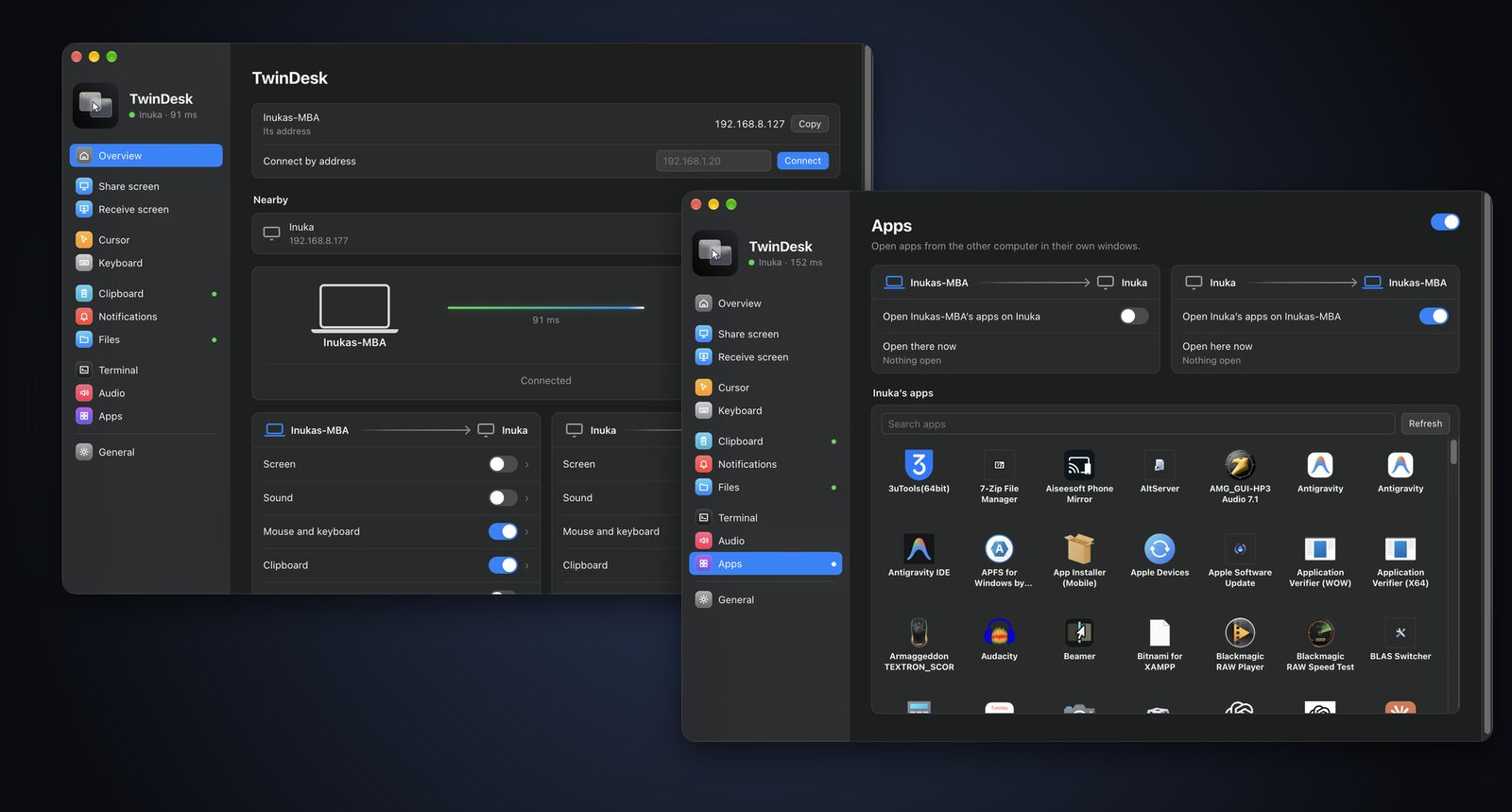 A Mac connected to a Windows PC, and the PC's apps listed on the Mac