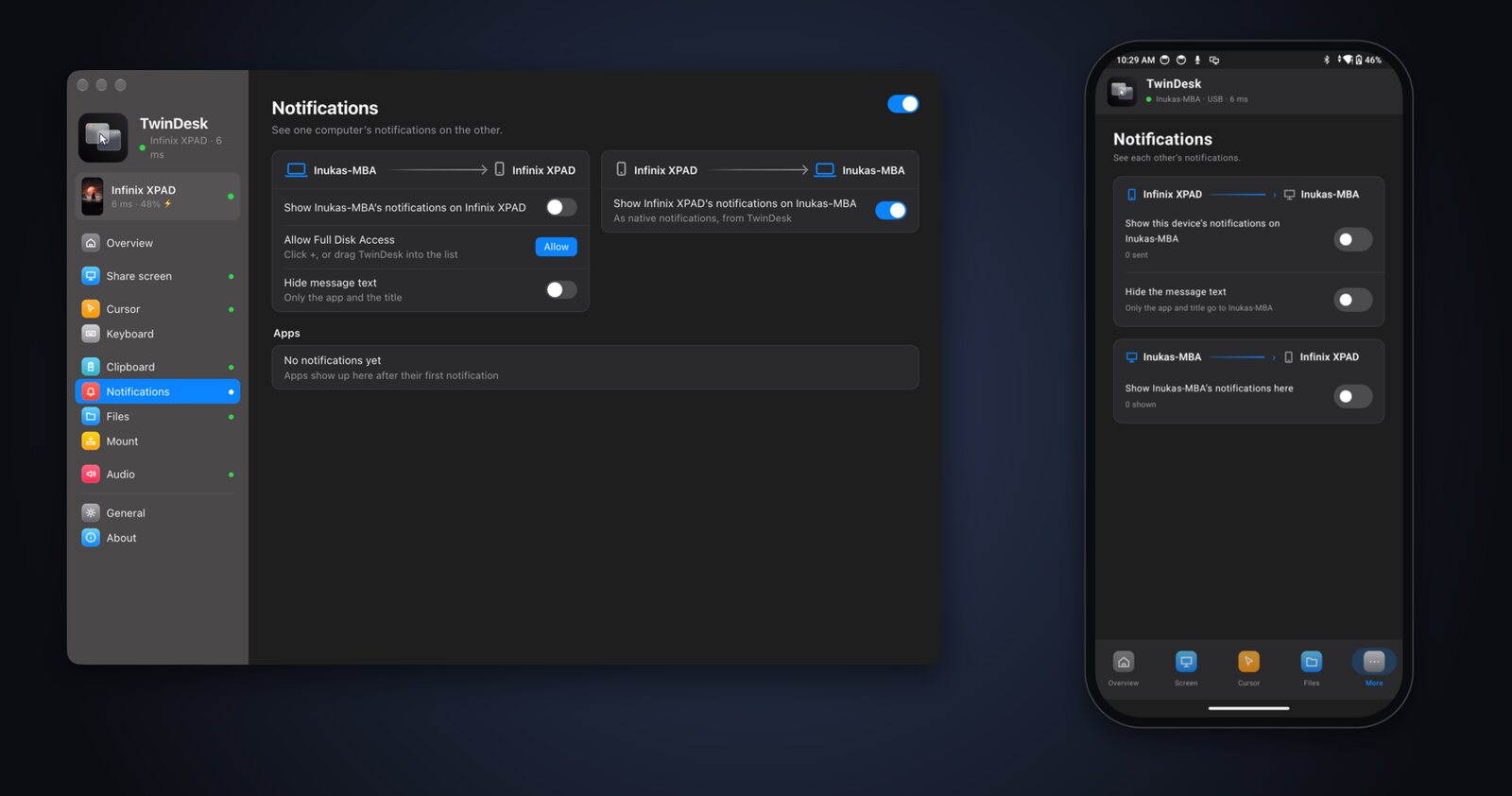 Notification settings on the Mac and on the phone