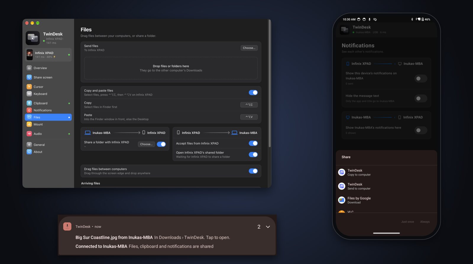 The Mac's Files page, the Android share menu with Send to computer and Copy to computer, and a received-file notification on the tablet
