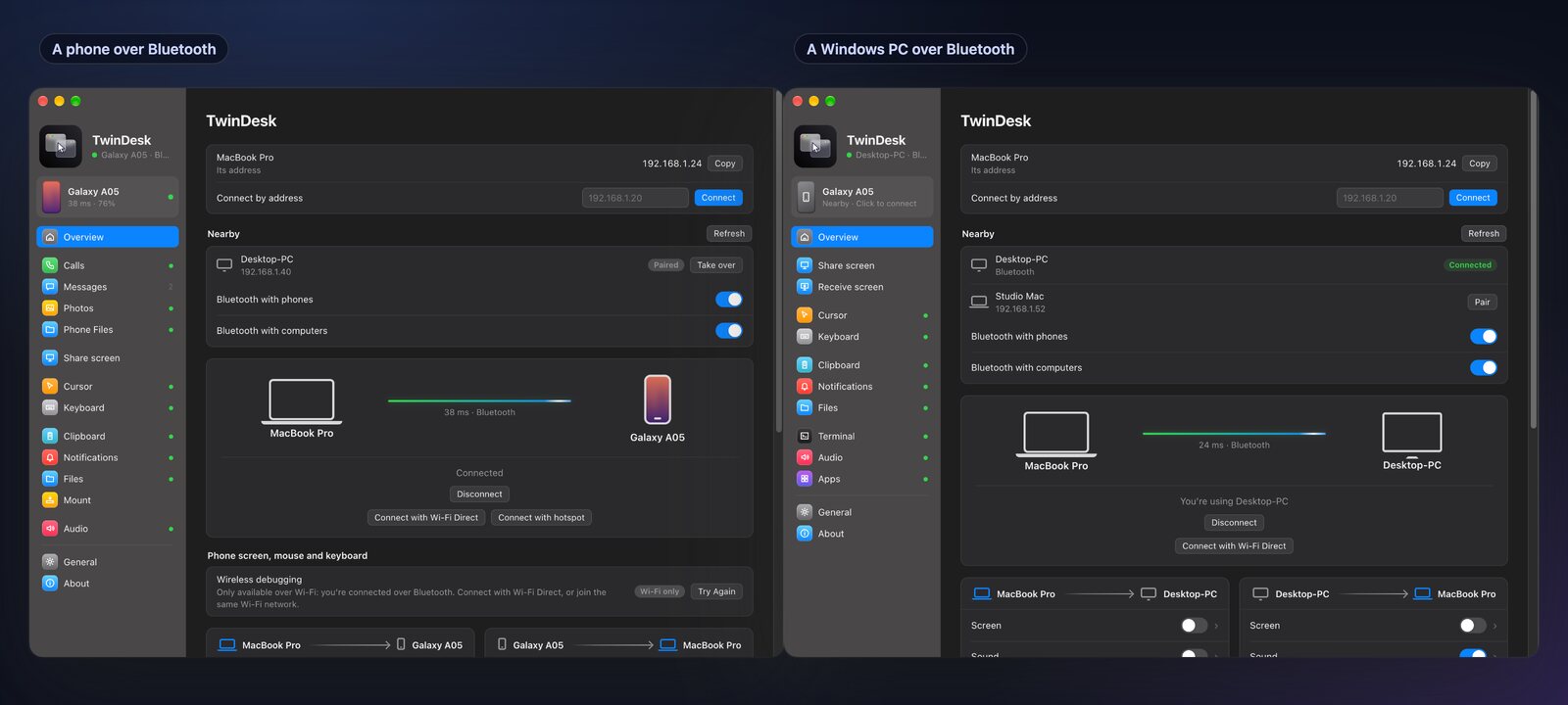 The Overview with a phone connected over Bluetooth, and a Mac driving a Windows PC over Bluetooth