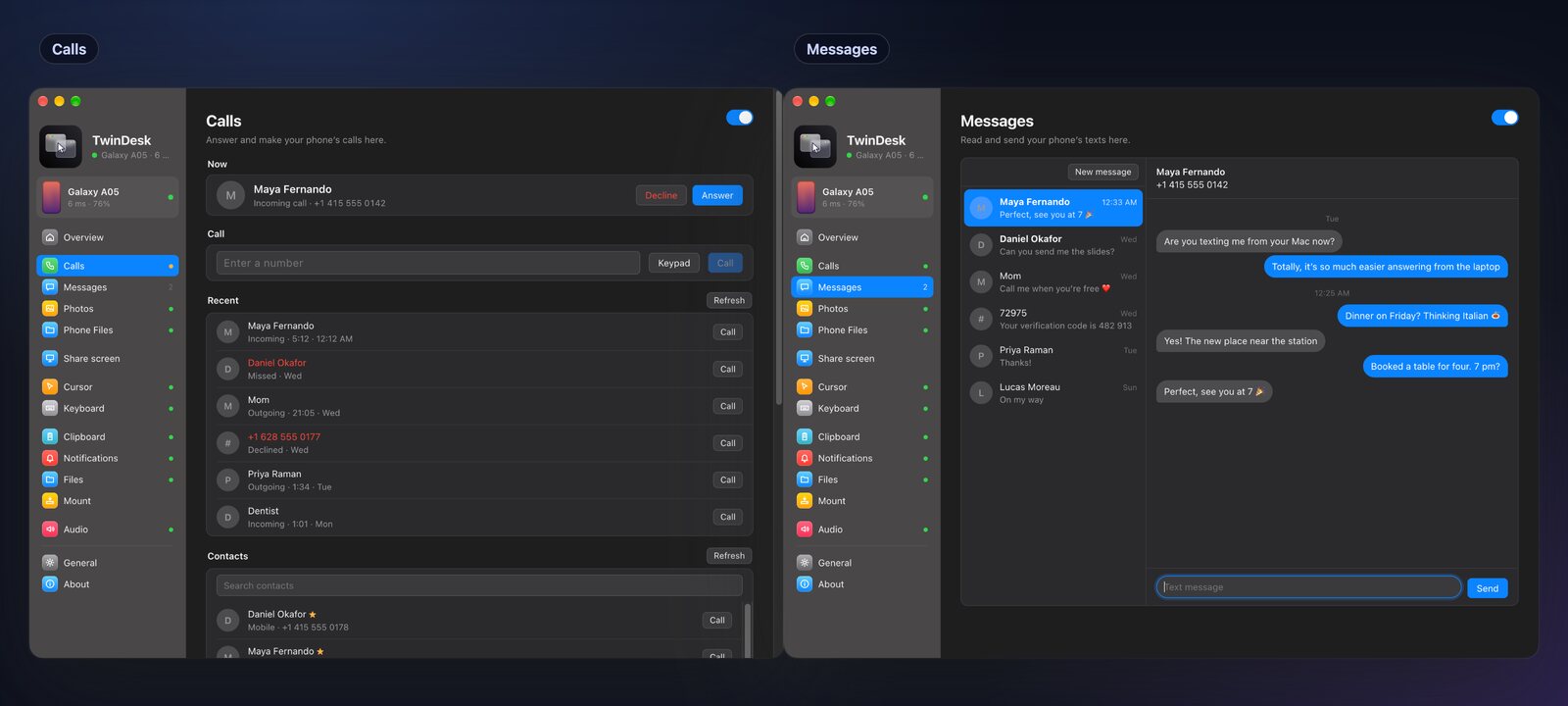 The Calls page with an incoming call and the call history, and the Messages page with a conversation