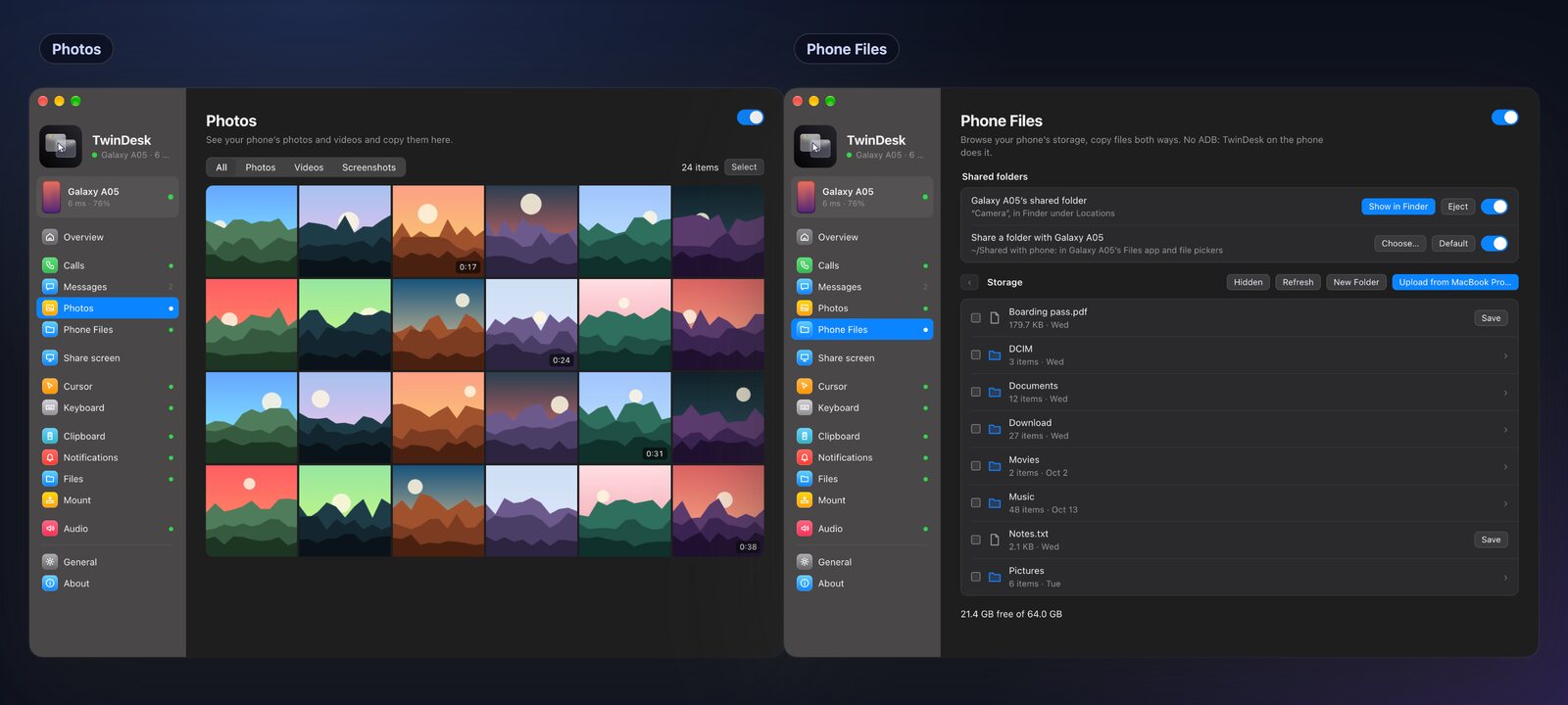 The Photos page with the phone's gallery, and Phone Files with shared folders and the phone's storage
