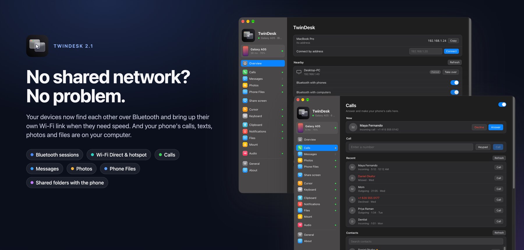 TwinDesk 2.1: the Overview over Bluetooth and the Calls page with an incoming call