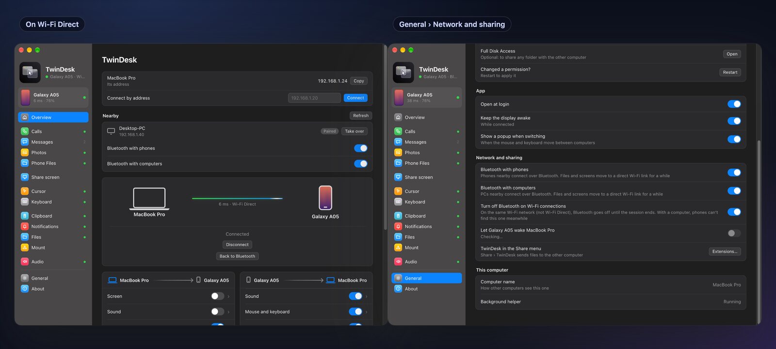 The Overview on Wi-Fi Direct with Back to Bluetooth, and General's network settings