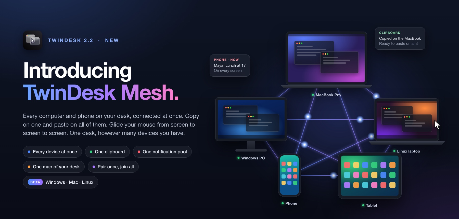 Introducing TwinDesk Mesh: a MacBook, a Windows PC, a Linux laptop, a phone and a tablet, all connected to each other