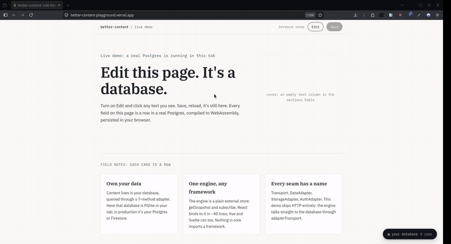 17-second demo: toggling edit mode, typing into the page, saving, and inspecting the database