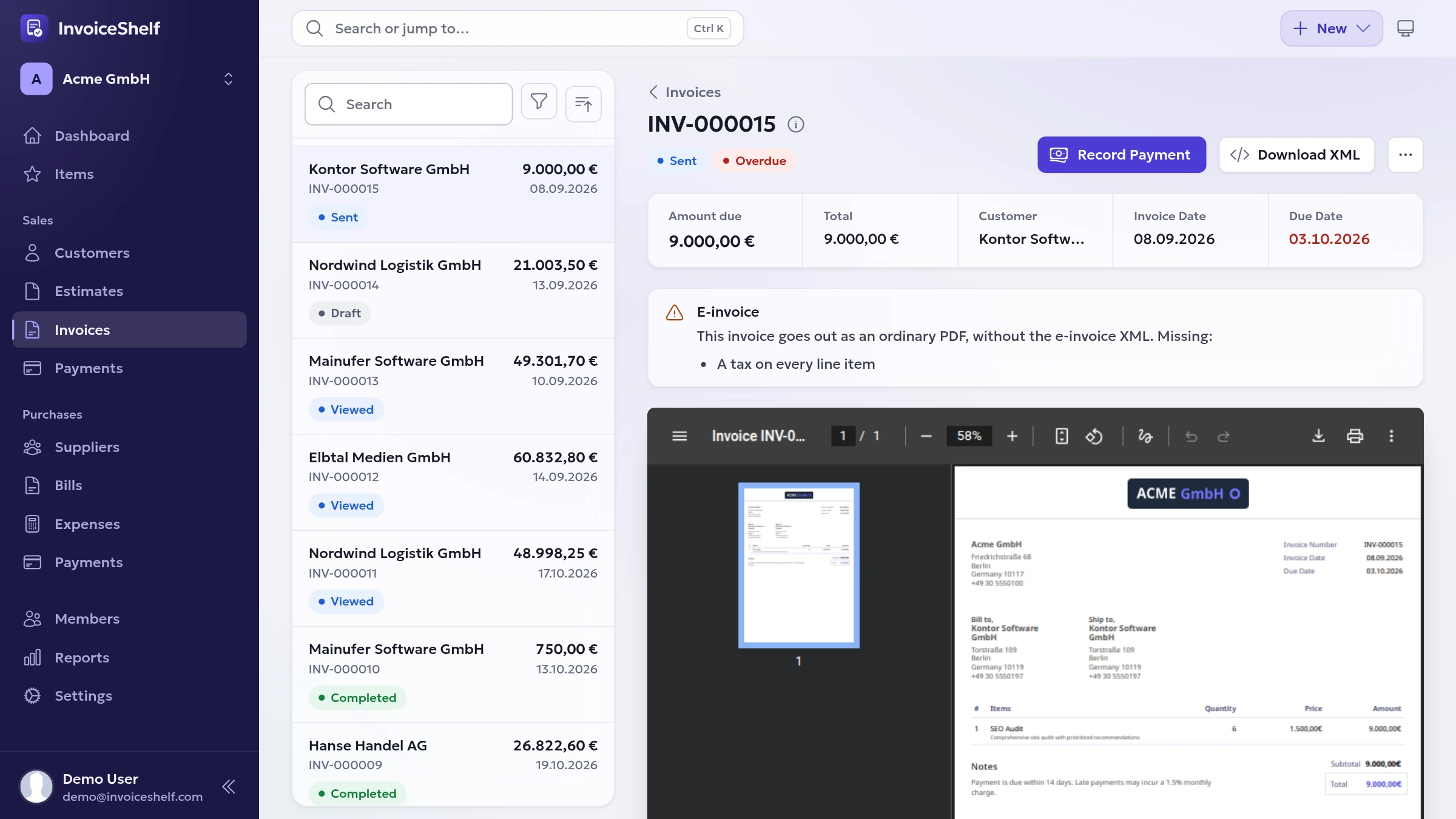An invoice that goes out as an ordinary PDF, and what it lacks
