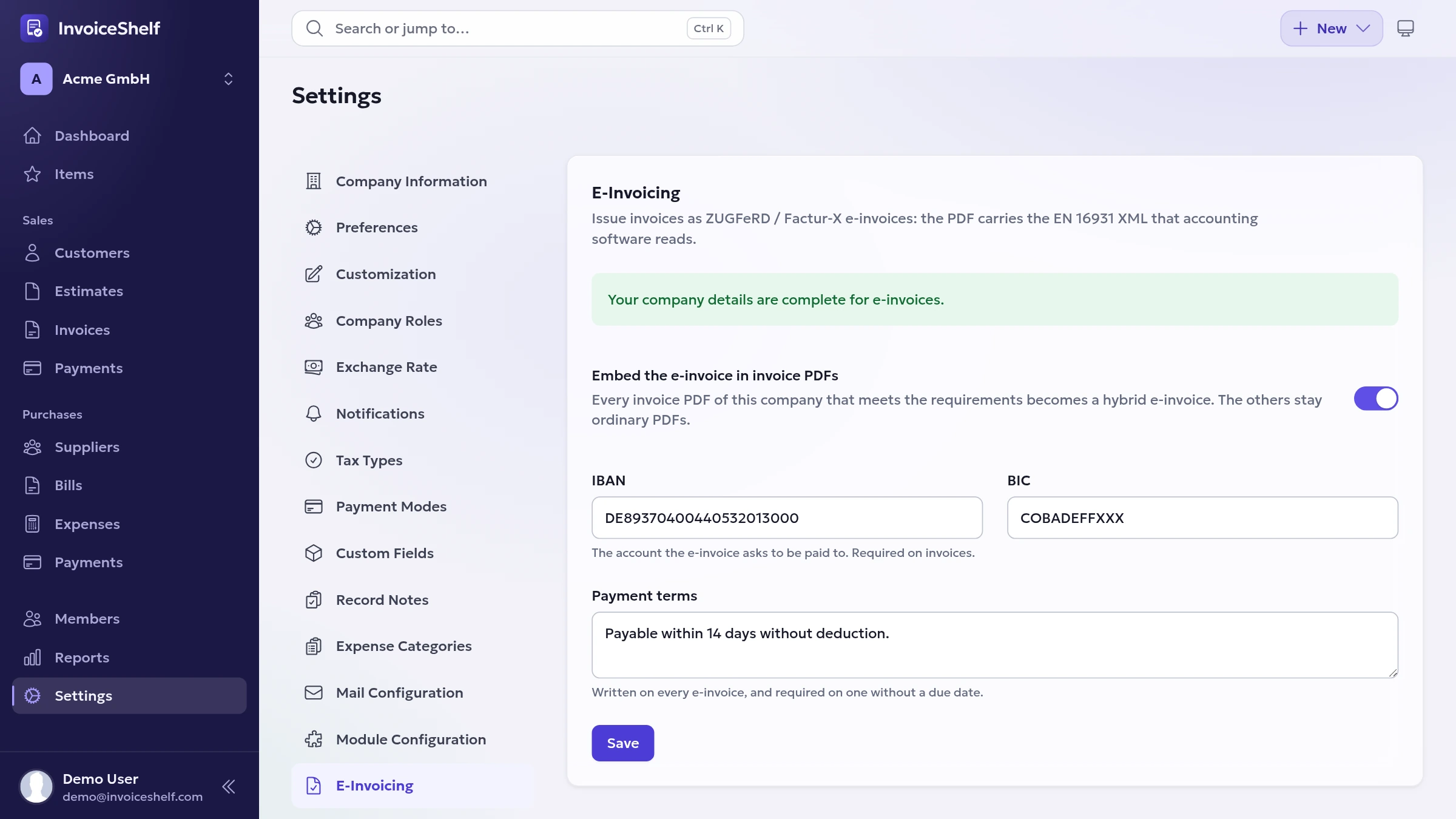 E-Invoicing settings with the company checklist