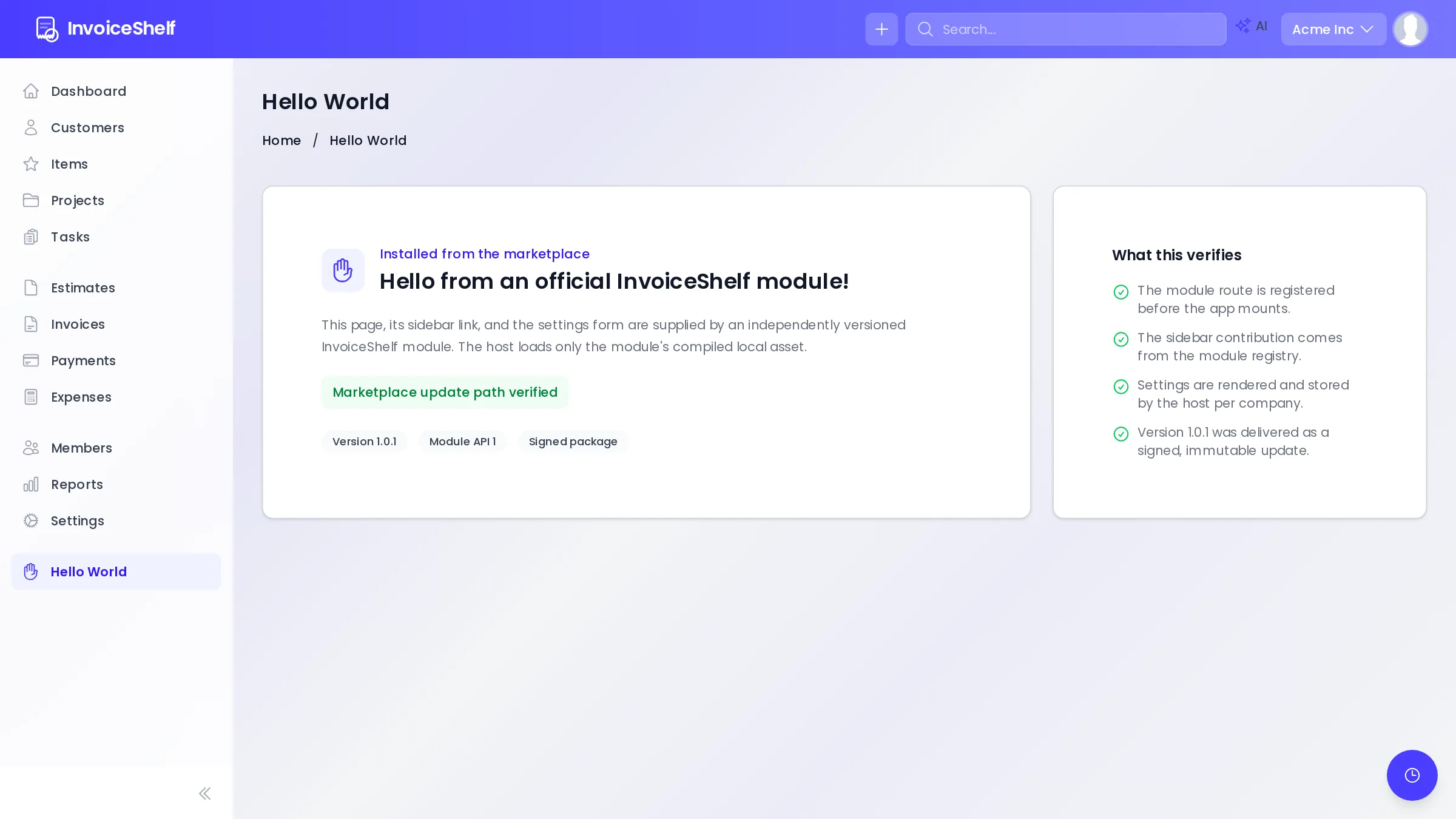 Hello World module dashboard