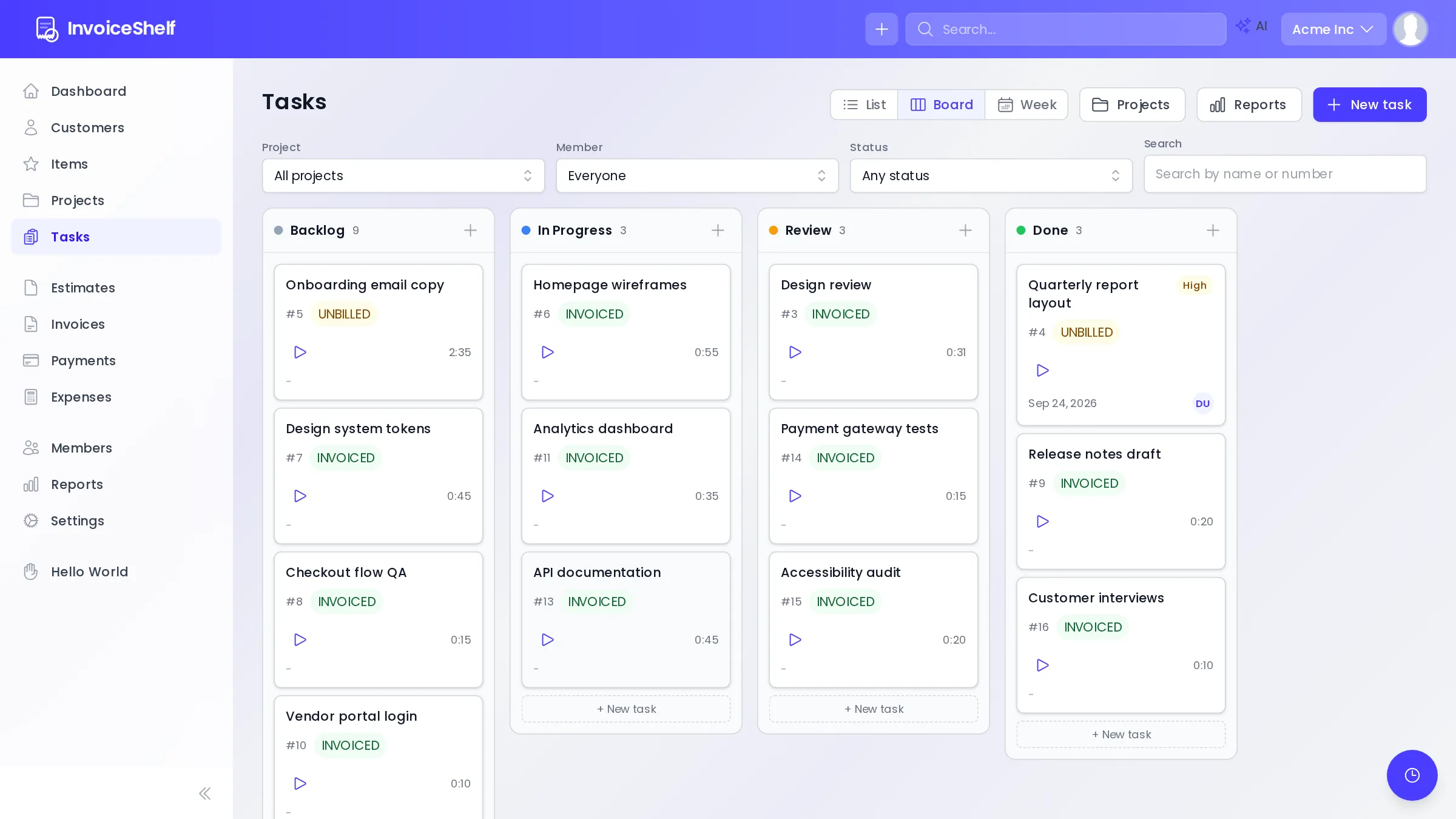 Kanban board with task statuses and time tracking