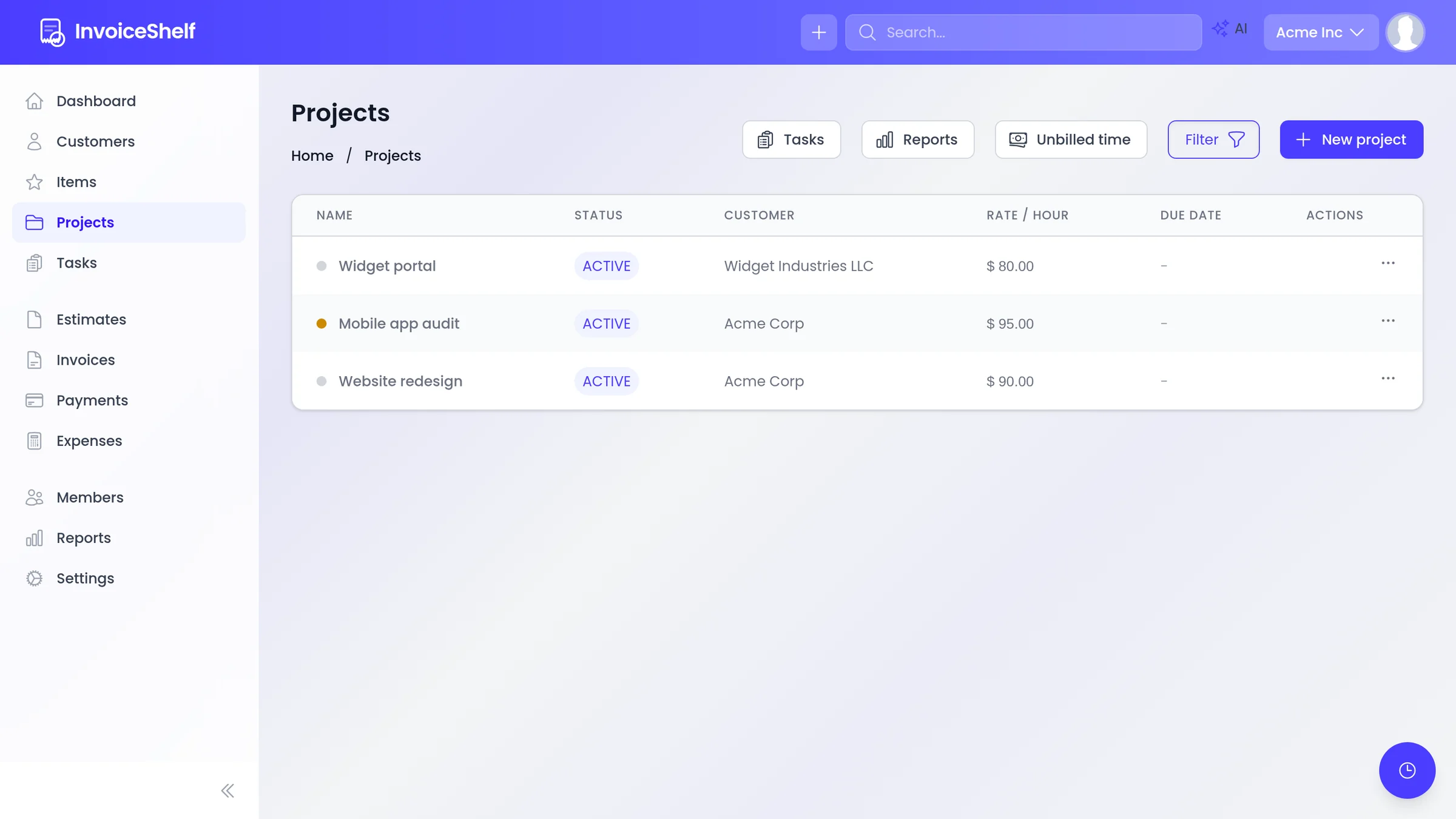 Projects with customers and rates