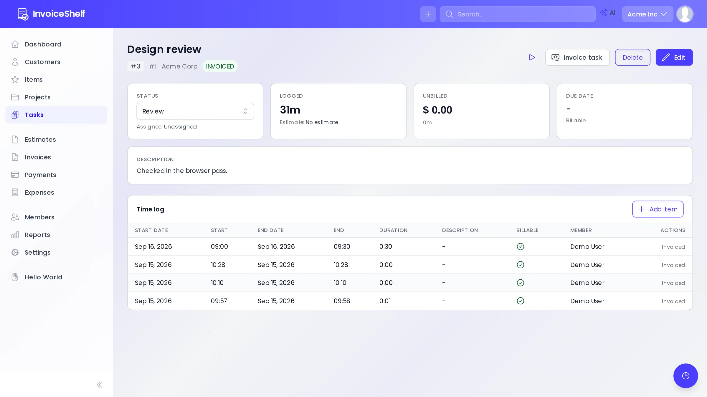 Task detail and time log