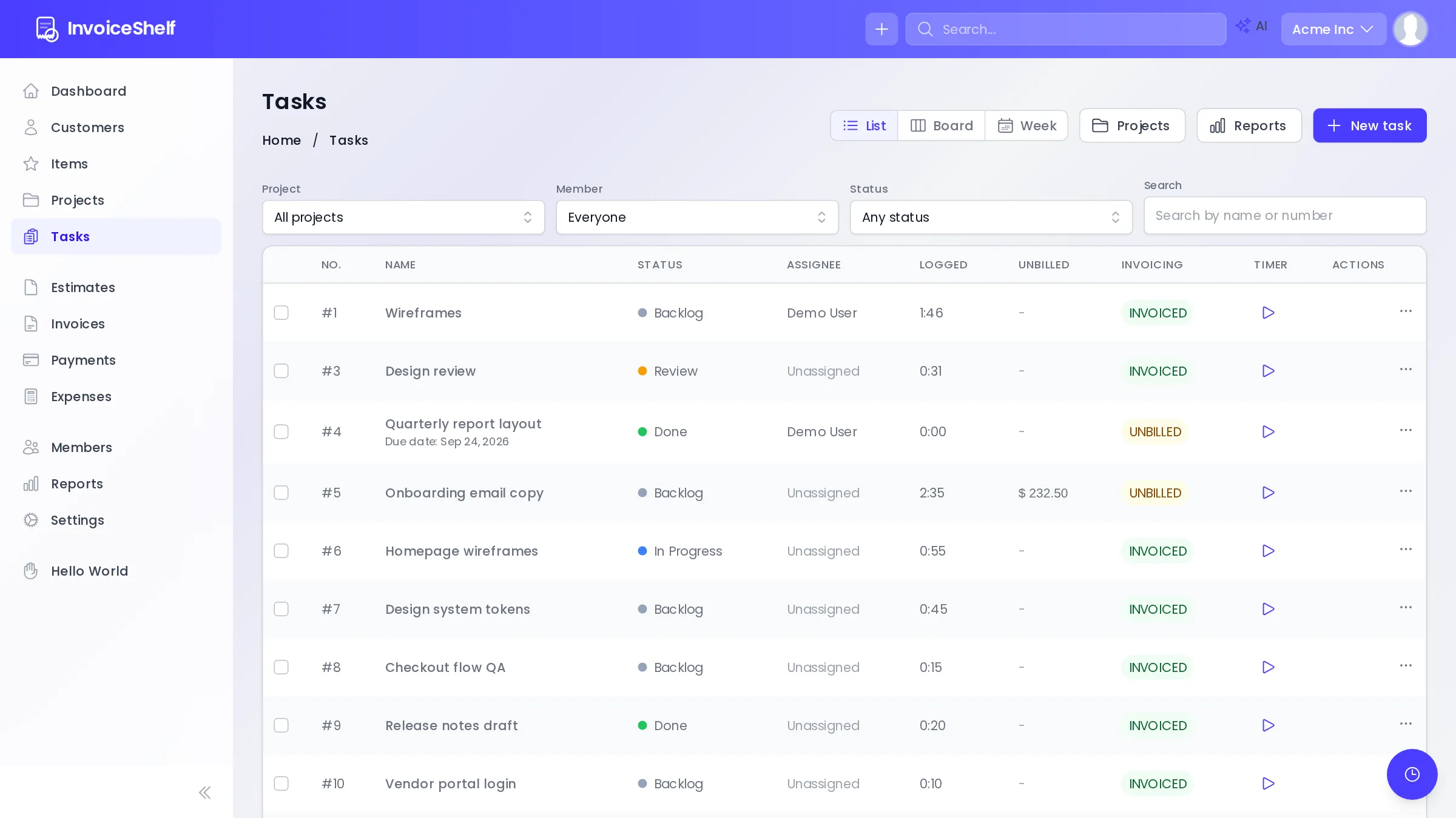 Task list with timers and invoicing status