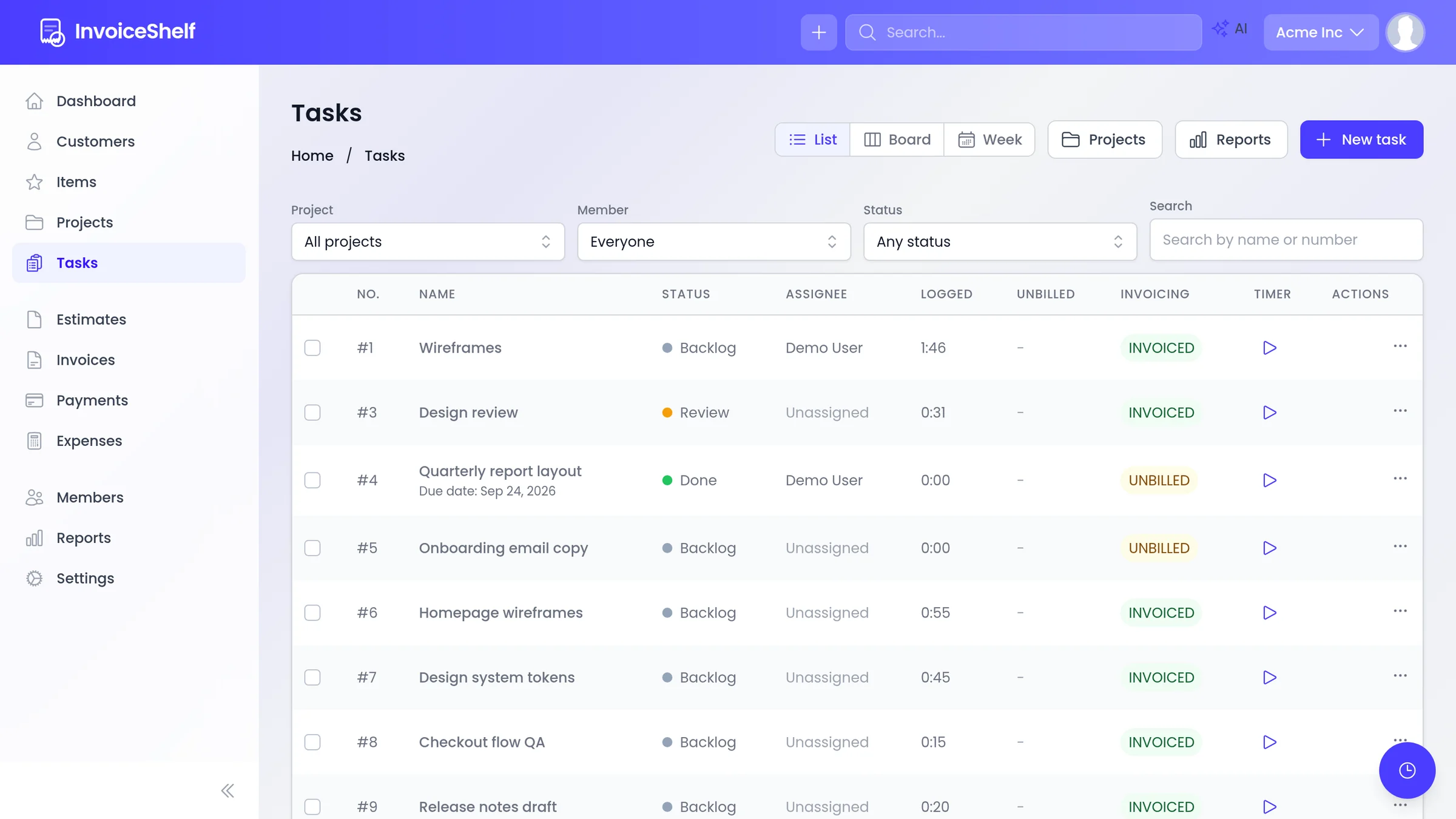 Tasks list with timers and invoicing state