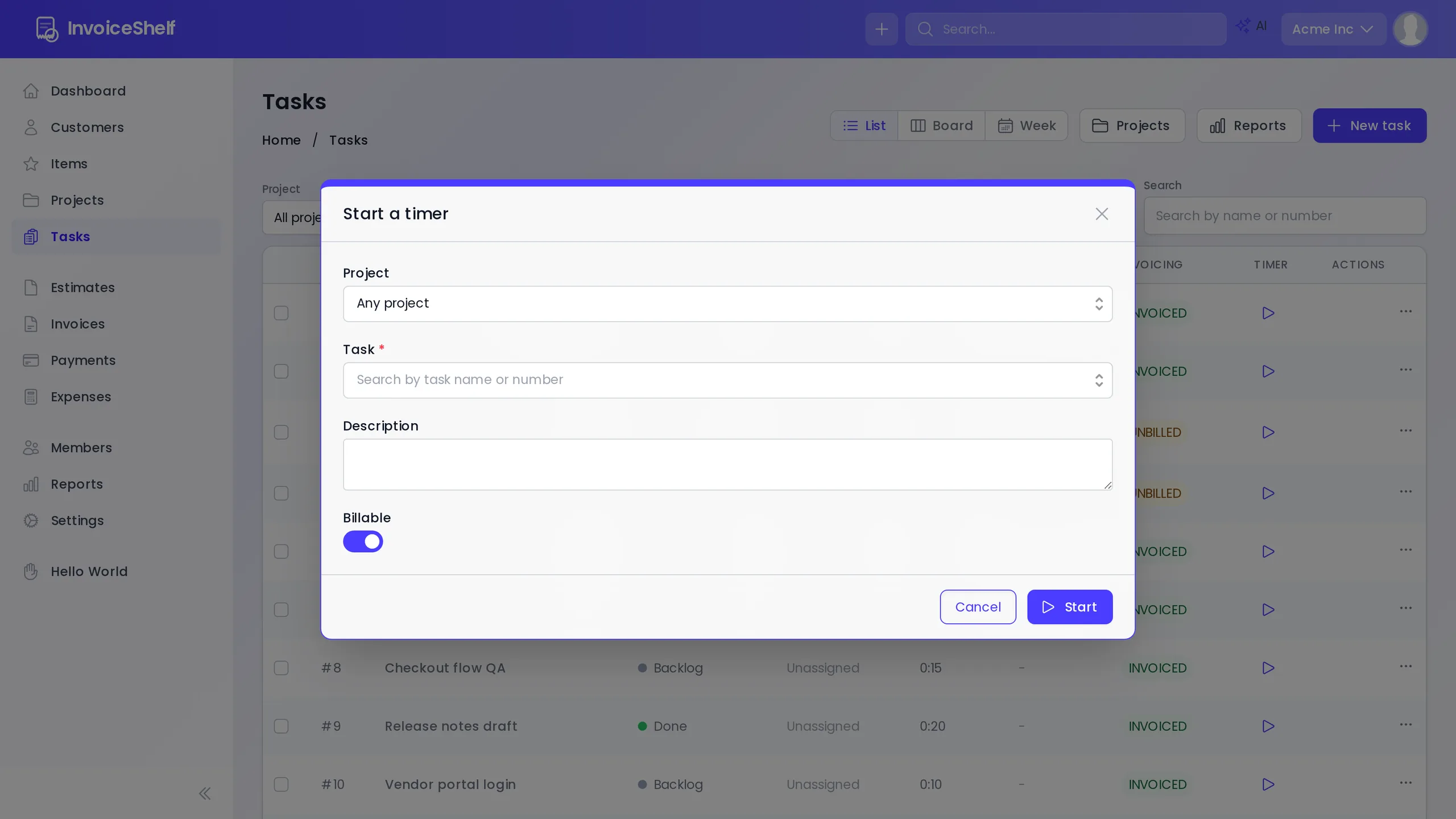 Start a timer for a task