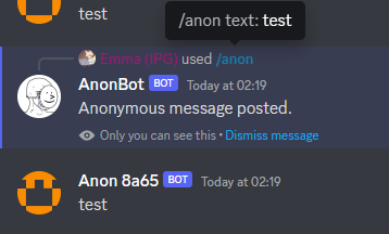 Screenshot of Discord showing a slash command being sent of '/anon test' and a message below from Anon saying 'test'