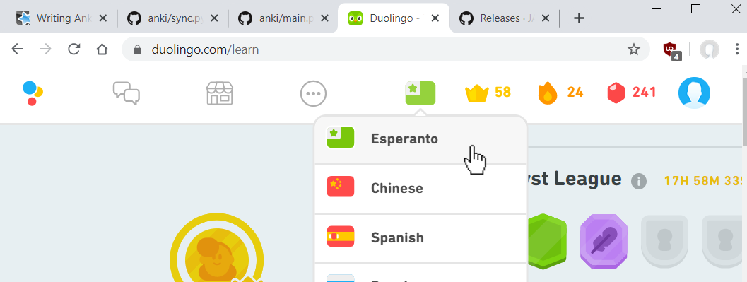 Select your language in the Duolingo application