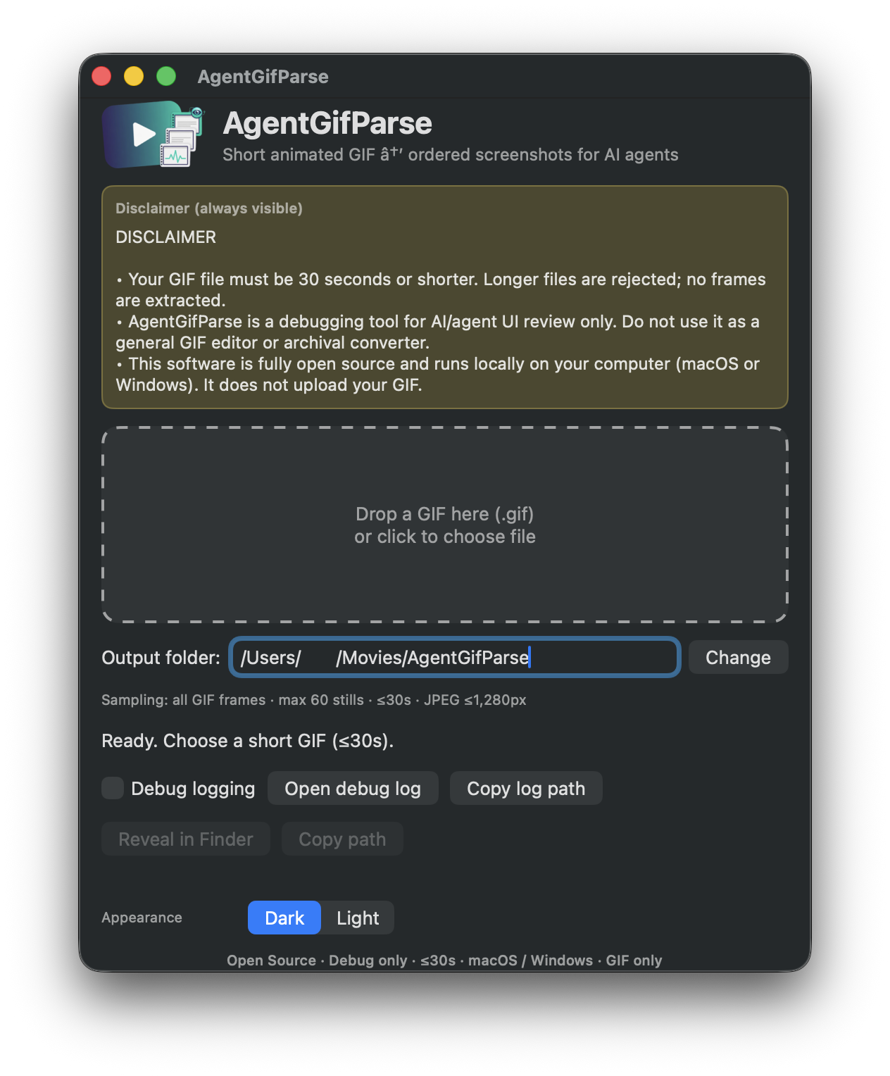 AgentGifParse on macOS — unified dark UI for short animated GIF export