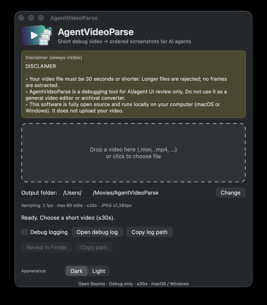 AgentVideoParse on macOS — unified dark UI for short debug video export