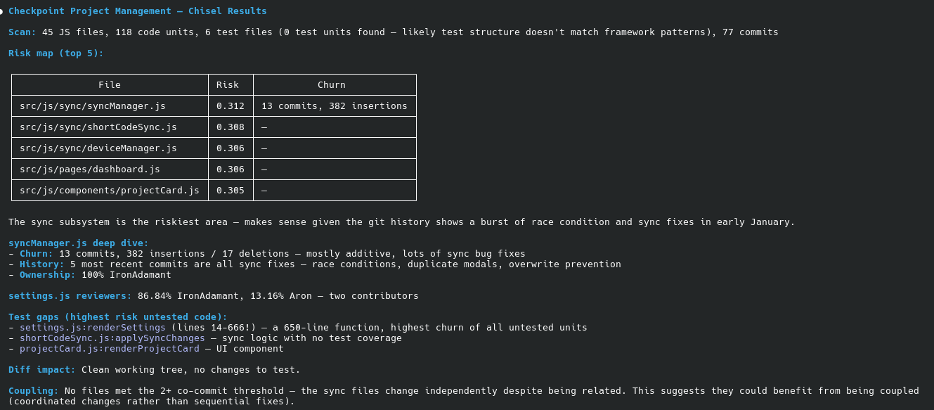 Chisel analyzing a real project — risk map, churn, ownership, test gaps, and agent interpretation