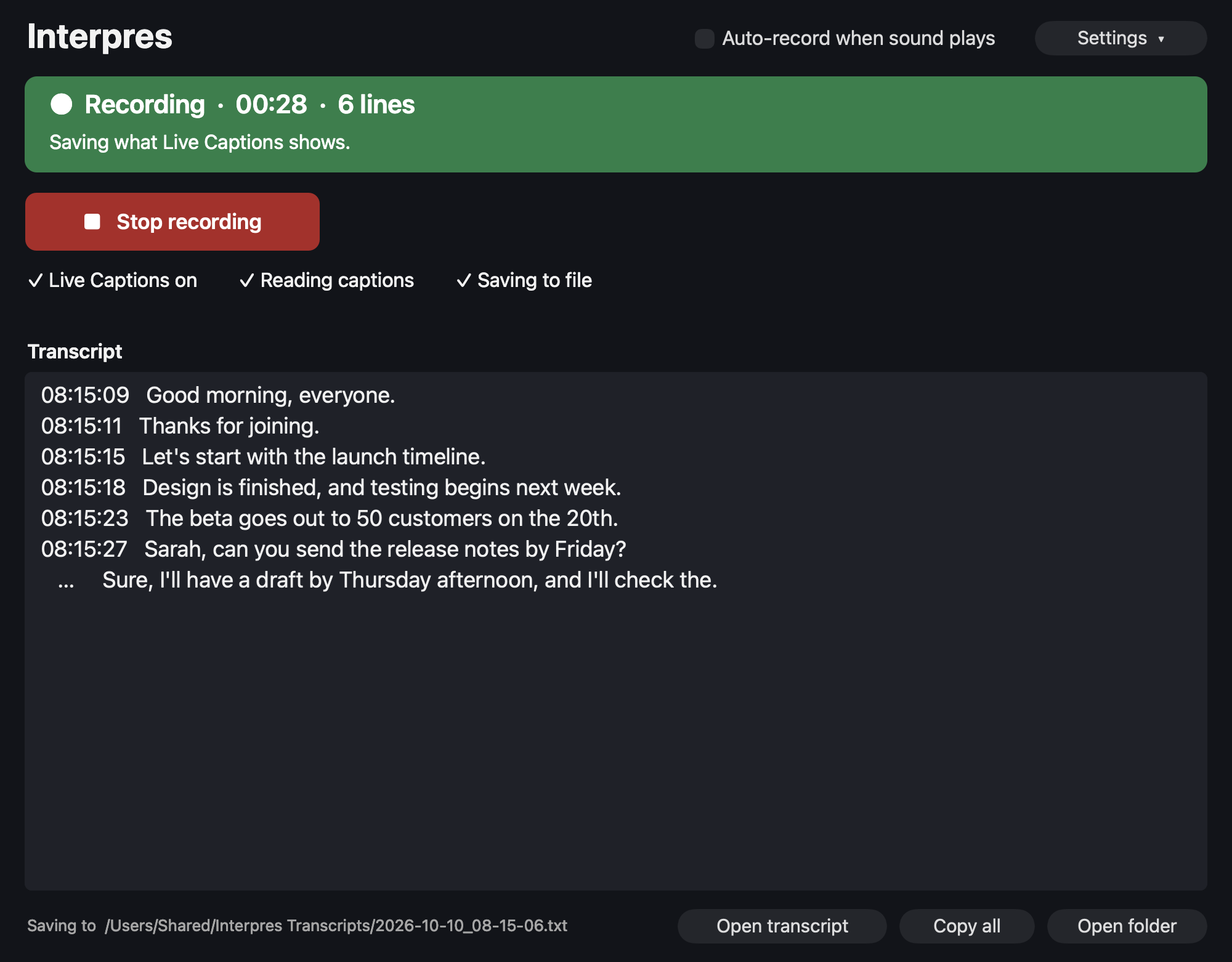 Interpres on Mac — native companion window with Live and Session caption areas