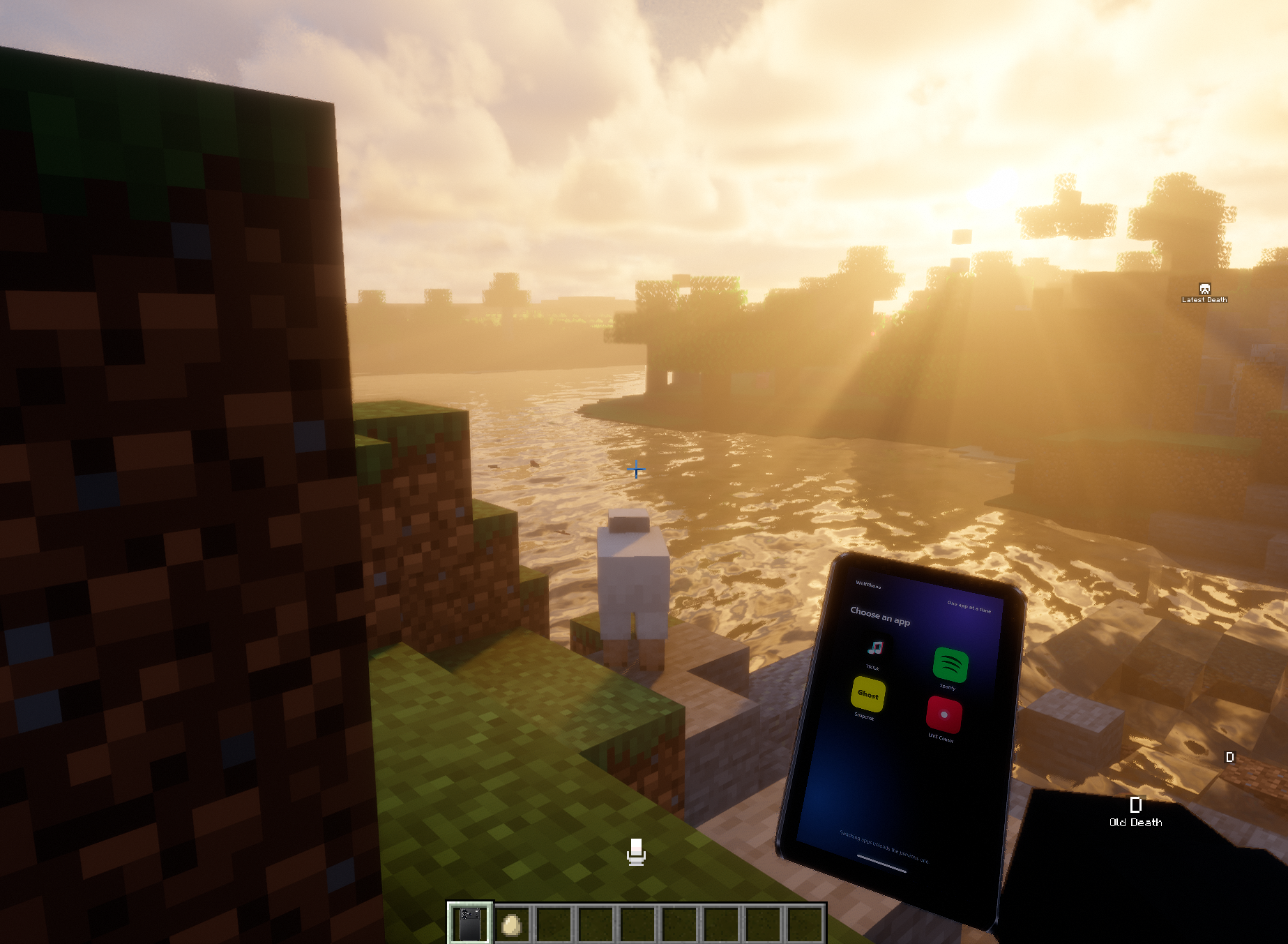 Wolf Phone held in a Minecraft world