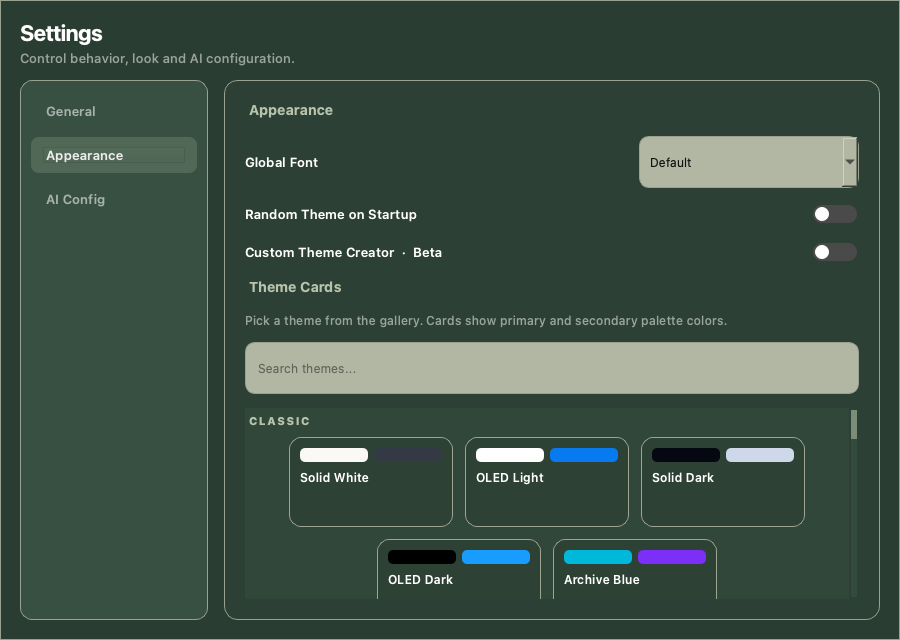Appearance settings with font controls and the theme gallery