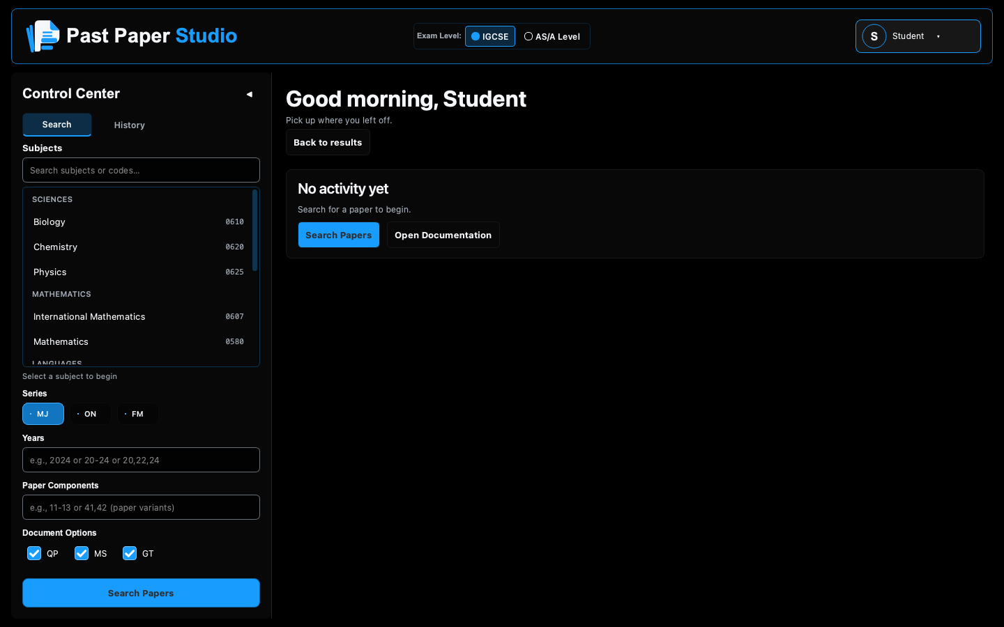 Past Paper Studio Dashboard with the subject browser and a fresh student profile