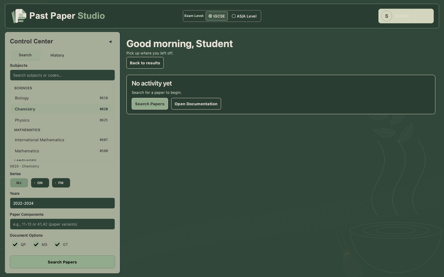 Past Paper Studio workspace in the green Matcha Latte theme