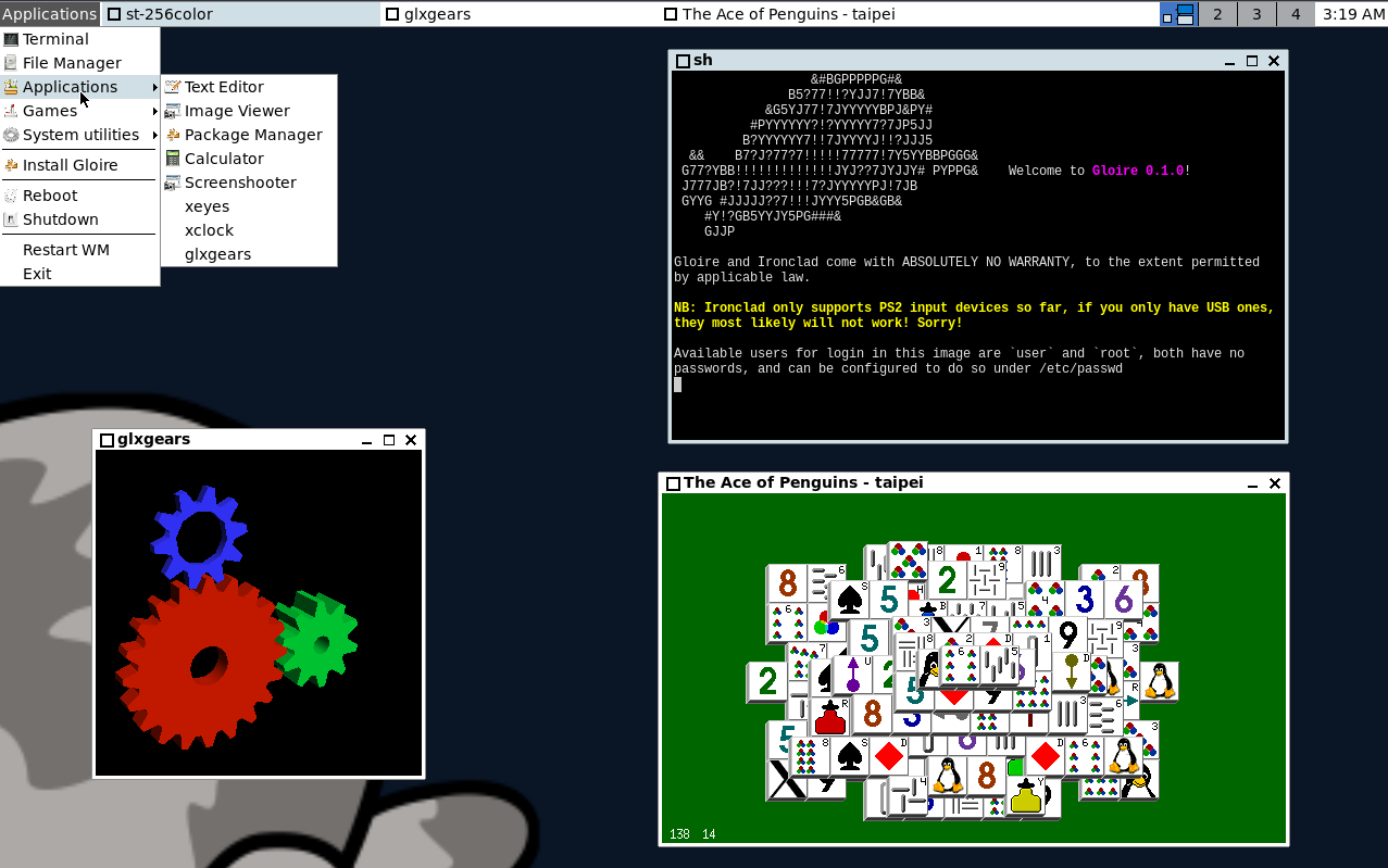 Gloire running the JWM window manager, a terminal emulator, xeyes, and a game