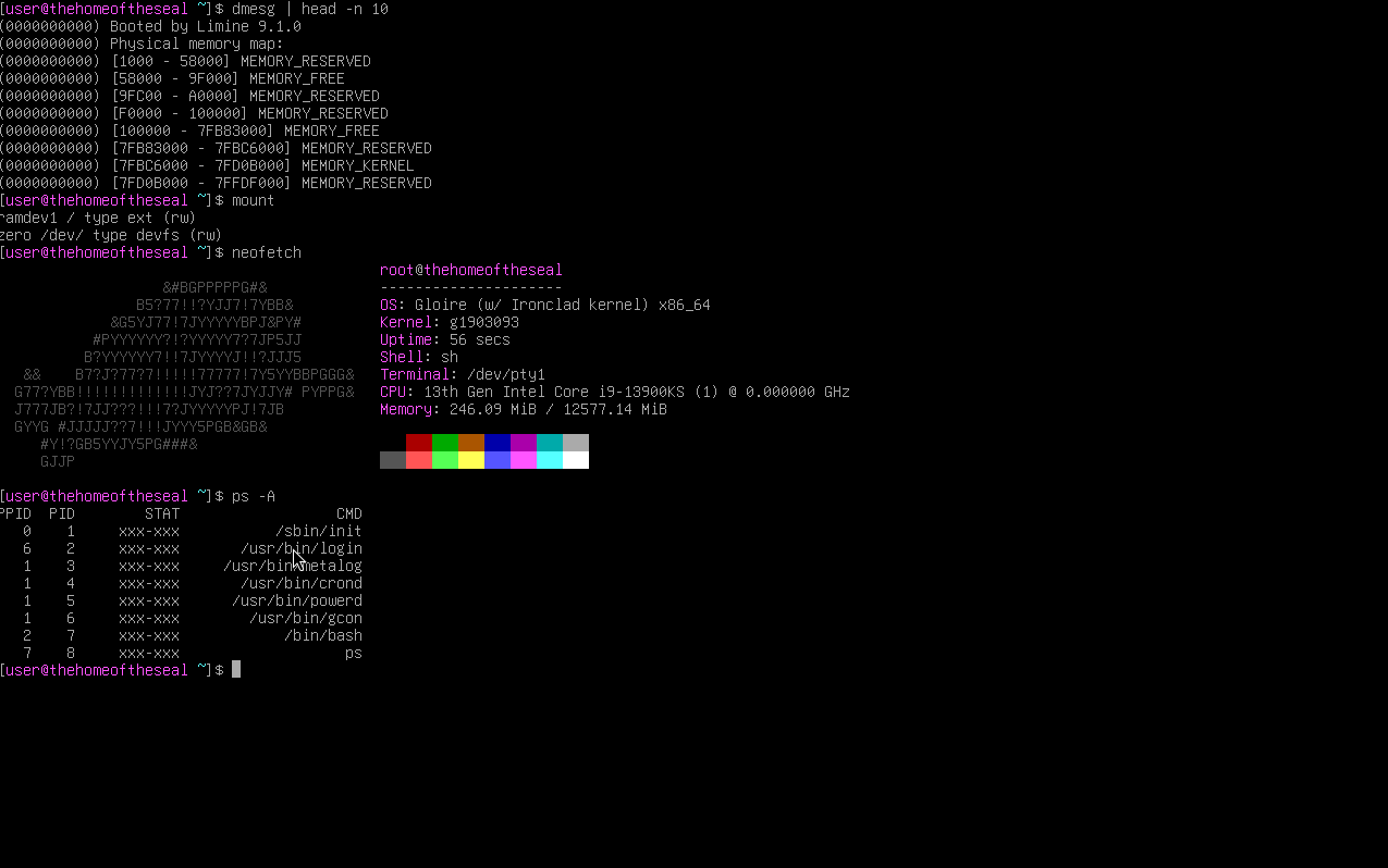 Gloire generating an RSA key and running neofetch in its fallback shell