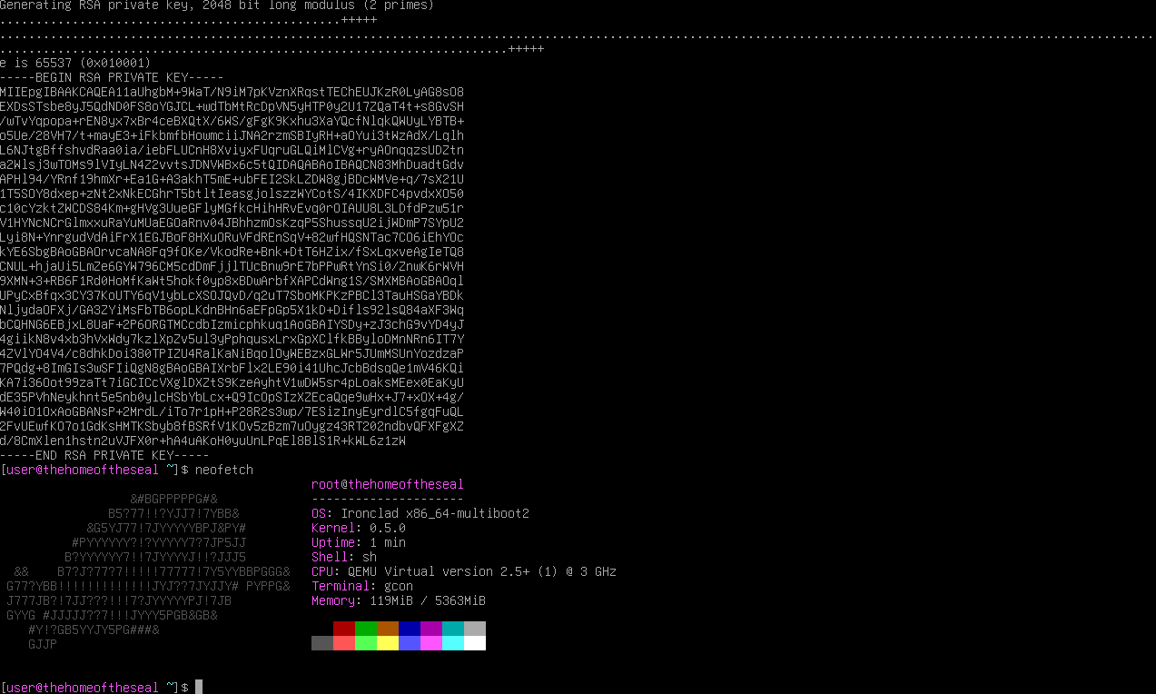 Gloire generating an RSA key and running neofetch in its fallback shell