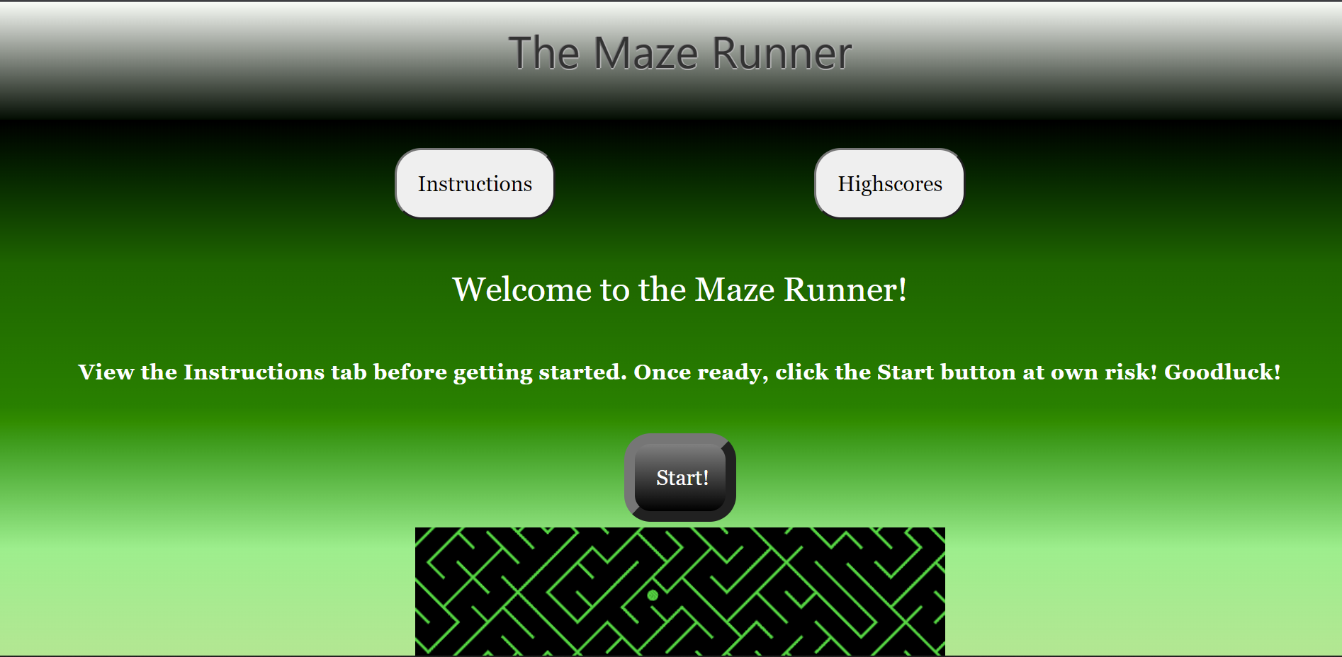 Landing Page for Maze Runner