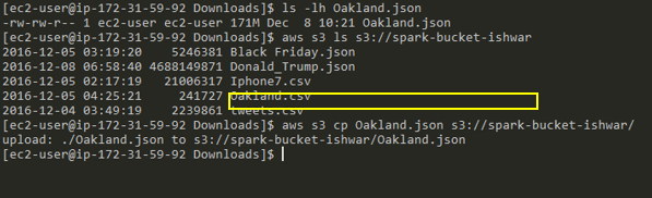 Using the AWS CLI to upload our JSON file (Oakland.json) from EC2 to S3 bucket (spark-bucket-ishwar)