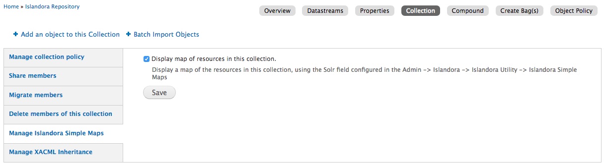 Collection manage Islandora Simple Map screenshot