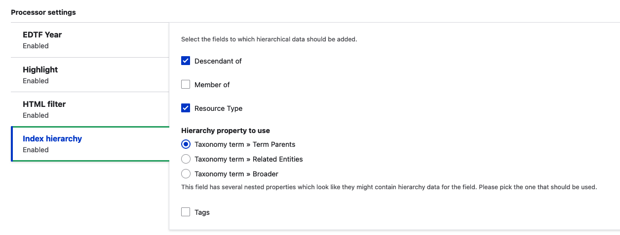 "Decendant of" selected under Index Hierarchy processor settings.